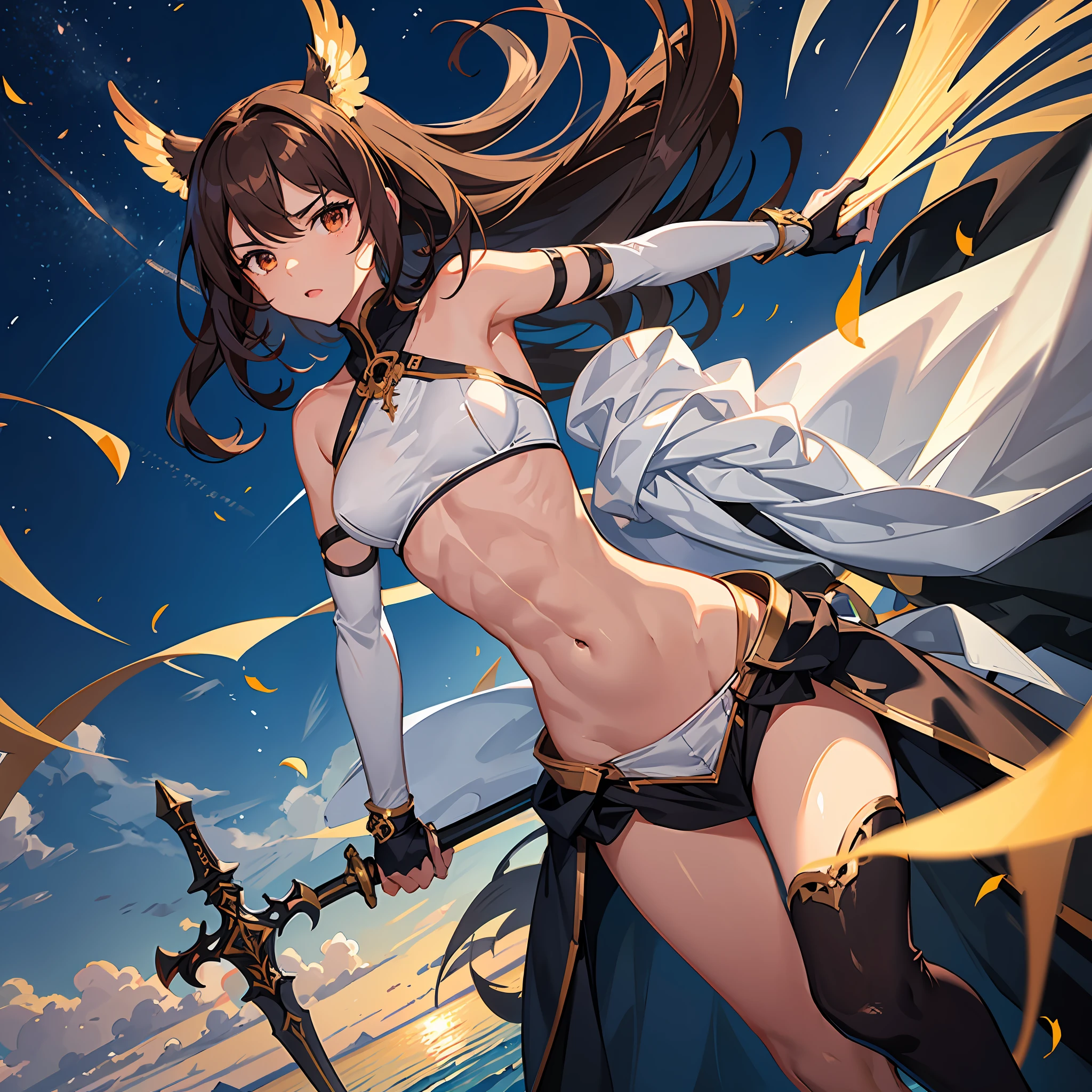 1angel_girl, Teen, brown_hair, medium_hair, (dark_skin)+, bare_shoulder, (bare_navel)0.8, Thigh,silver_shiny_armor, white_clothes,waist_armor, hold_sword_hilt, medium_breasts, angry, dynamic_pose_fighting, floating, (1pair_white_wings), (abs)0.6, sunset_background,(pelvic_curtain)++, headgear ,slightly_spread_legs,multiple_shiny_swords_floating_around_ the_girl
