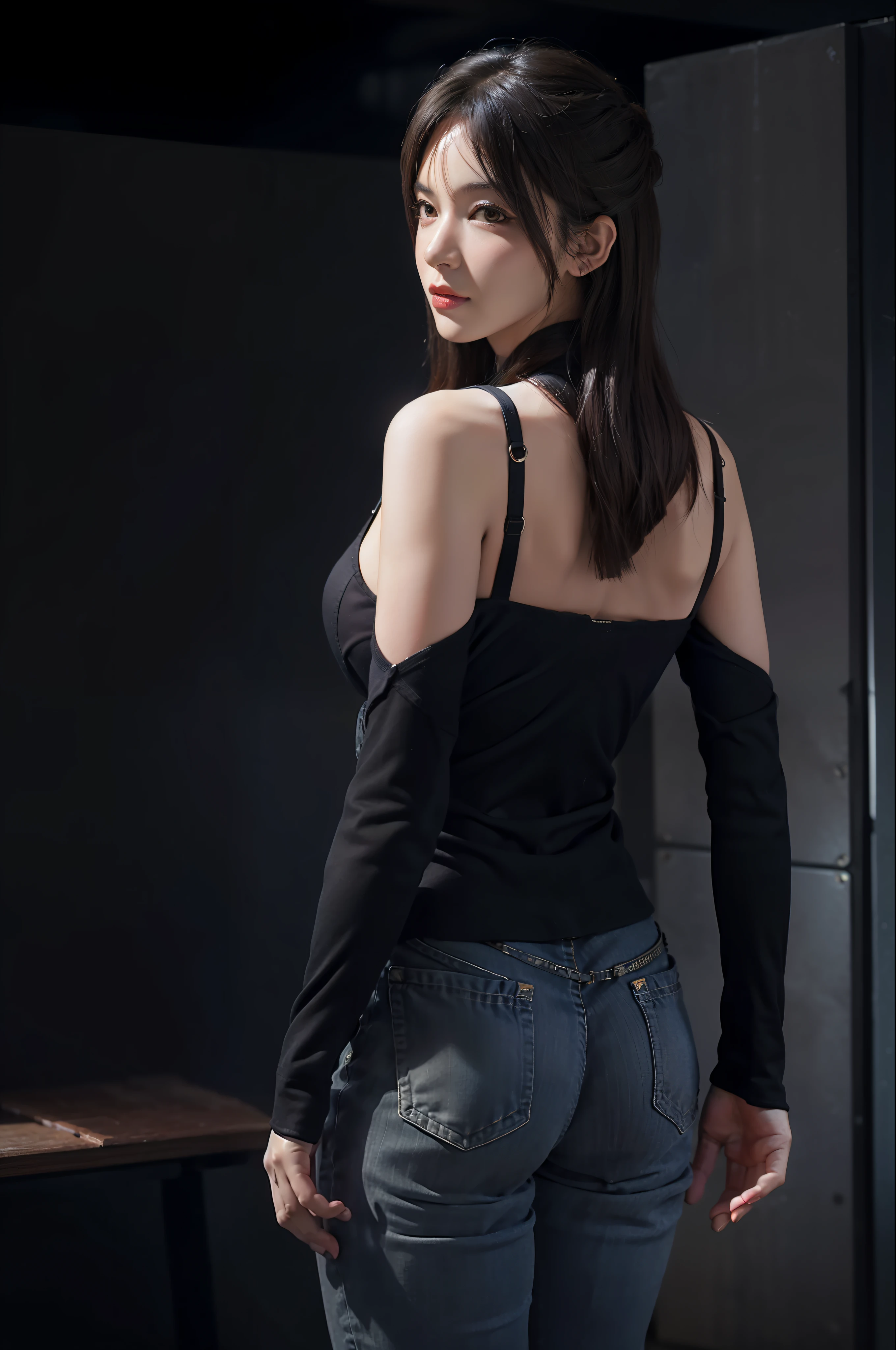 Photorealistic, Dynamic Lighting, Art Station, Poster, Volumetric Lighting, Highly Detailed Face, 4k, Award-Winning , , 1girl, Darkness, Deep Shadows, Low Key, Cowboy Shot, (Official Clothes: 1.4), Long Hair, Gray Hair, Back Figure, Beautiful Ass