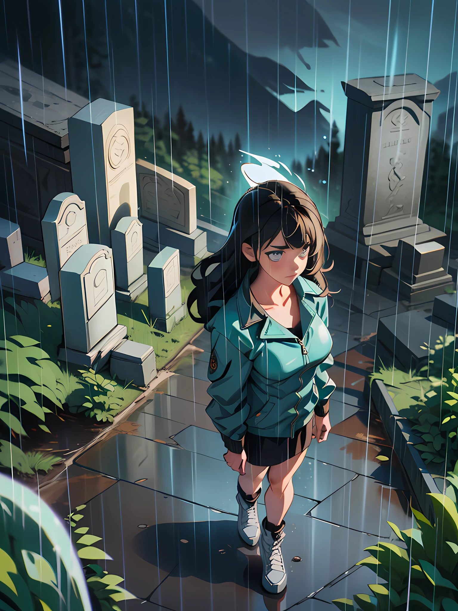Perfect woman, full body, girl in the rain, sad, simple hair style, Cemetery, Dense tombstones, sad, bright, light tracing, storm, rain wet clothes, rain wet hair, shivering, cold rain, miserable, delicate features, rain-disrupted hair style, messy, sodden clothes, Company staff kit, uniform, Mountains, black hair, （establishing shot, bird's eye view：1.3）, chiaroscuro, cinematic lighting, from above, panorama, anatomically correct, textured skin, super detail, high details
