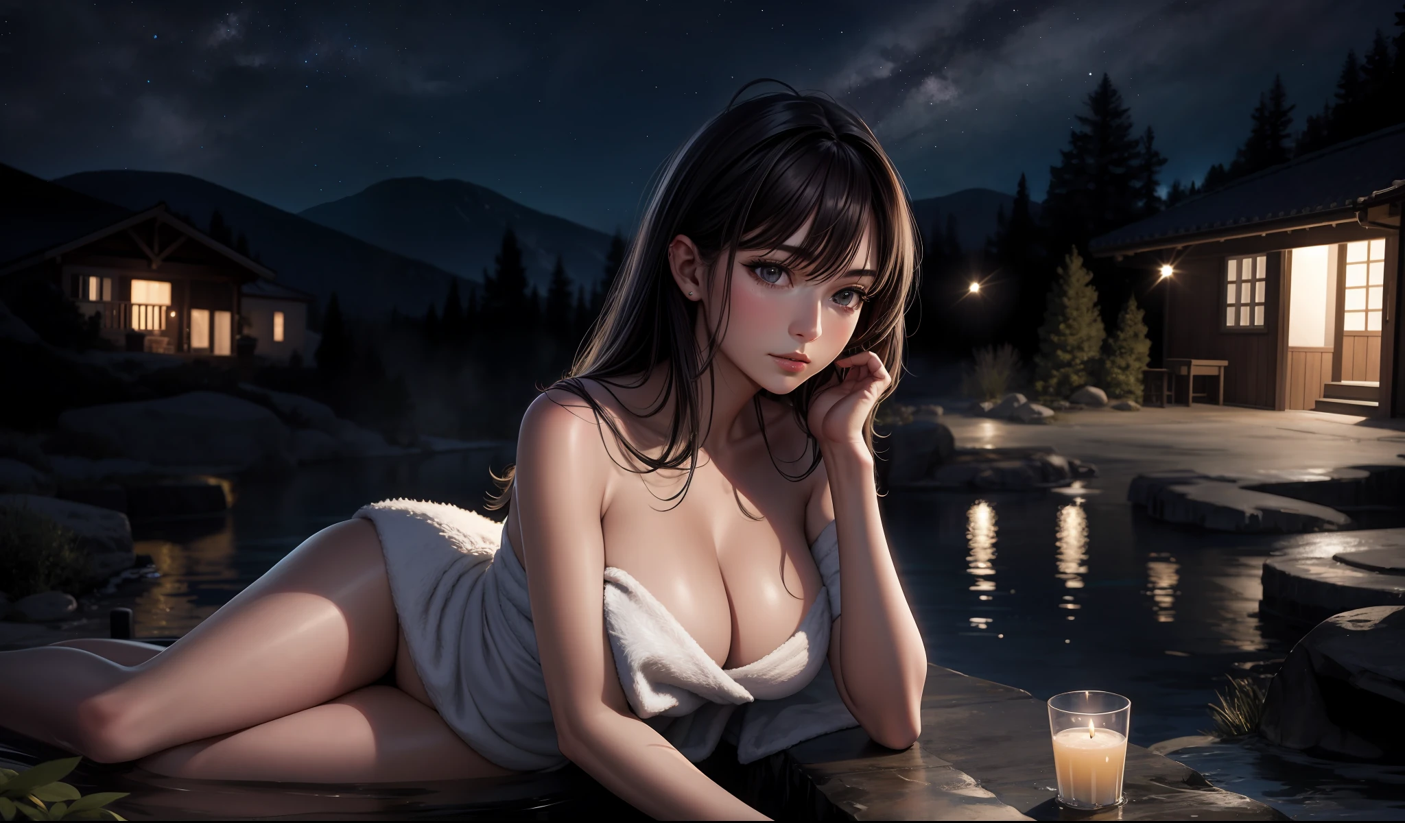 Top quality, masterpiece, detail, most realistic, high resolution, adult movie star, realistic breasts, beautiful body, movie, petite body, hot spring, countryside, night, towel, seduction, starry sky,