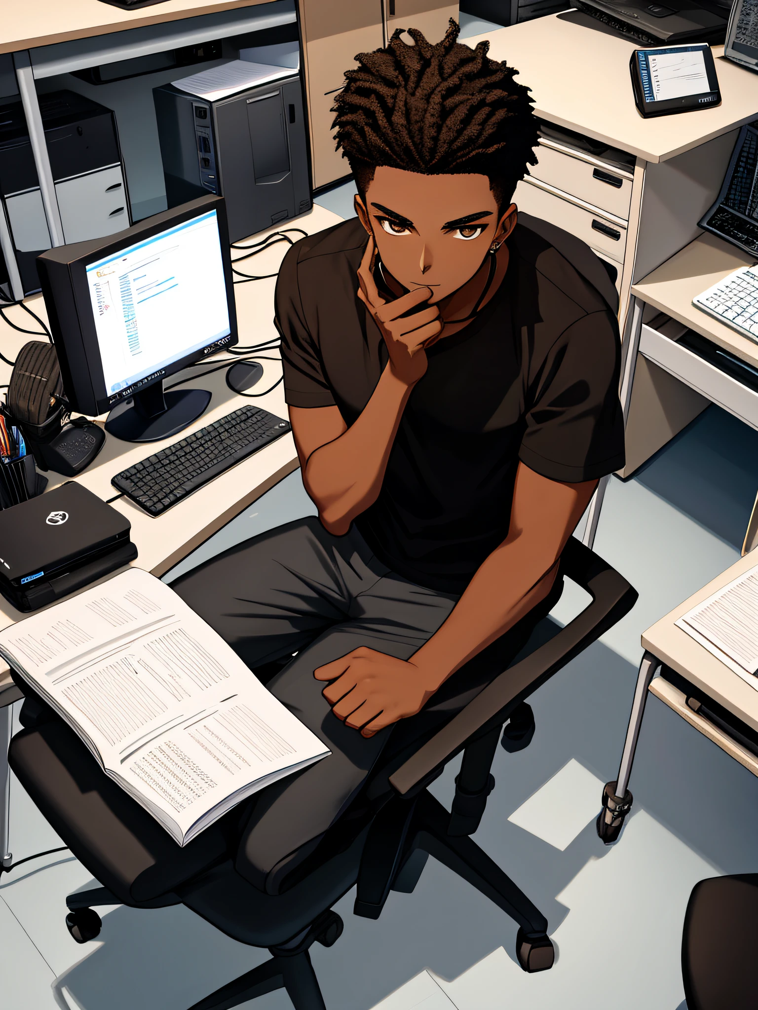 A 25-year-old boy, desk, computer, code, with the color of dark skin, brown