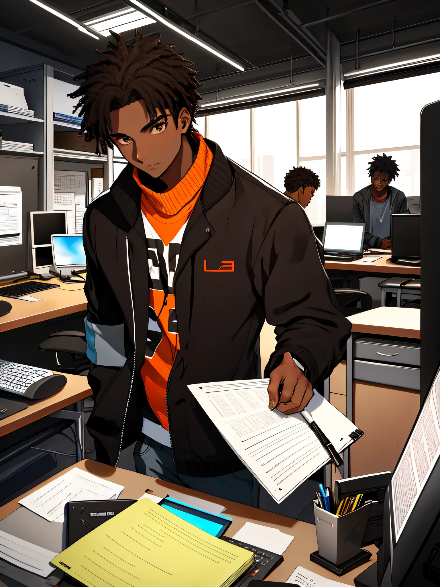 A 25-year-old boy, desk, computer, code, with the color of dark skin, brown