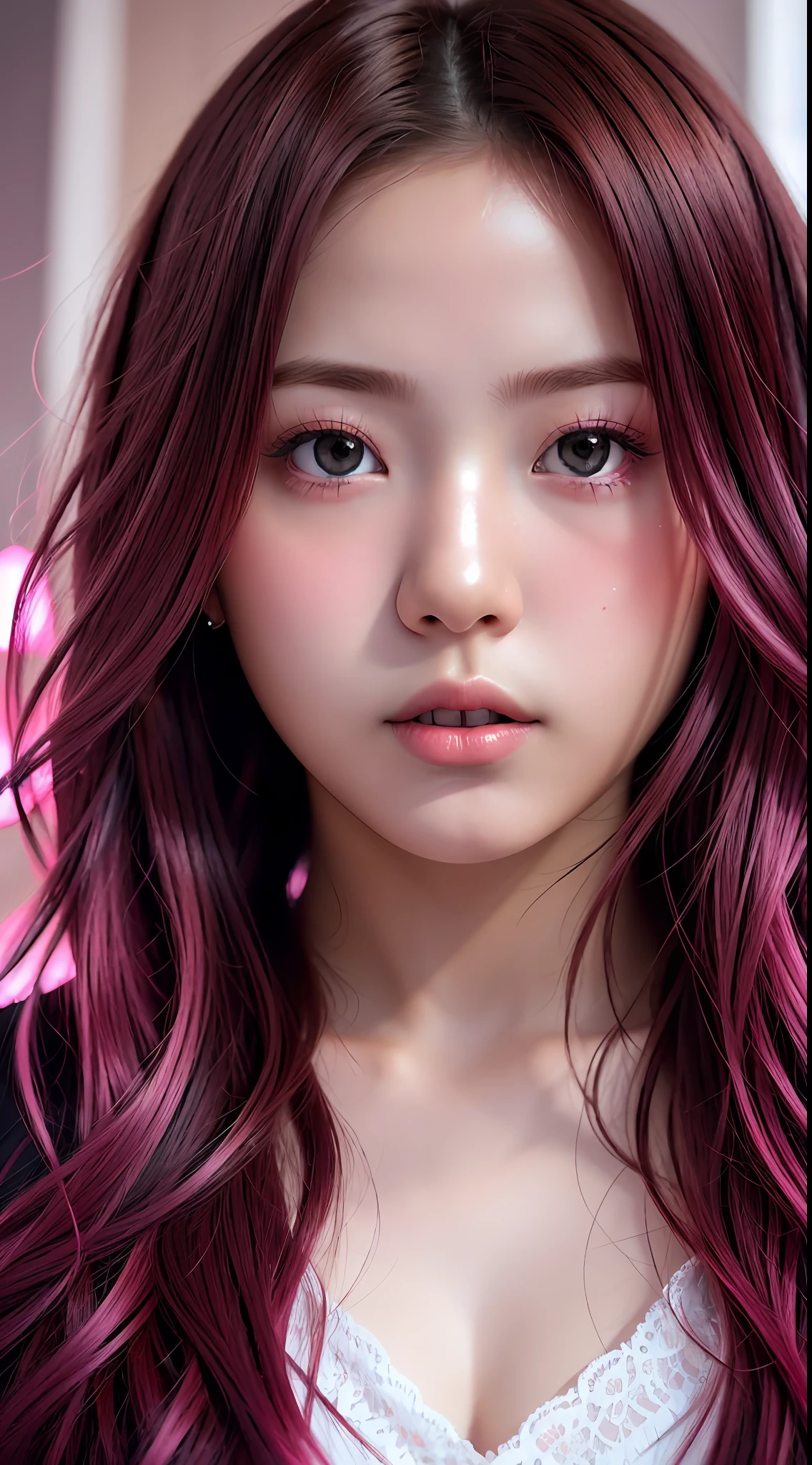 masterpiece, best quality, ultra detail, 8k raw photos, cinematic lights, detailed shadows, raw, (detail skin), (real:1.2), Japan girls, double big beautiful eyes, face, , pink gradient hair, dark brown eyes,