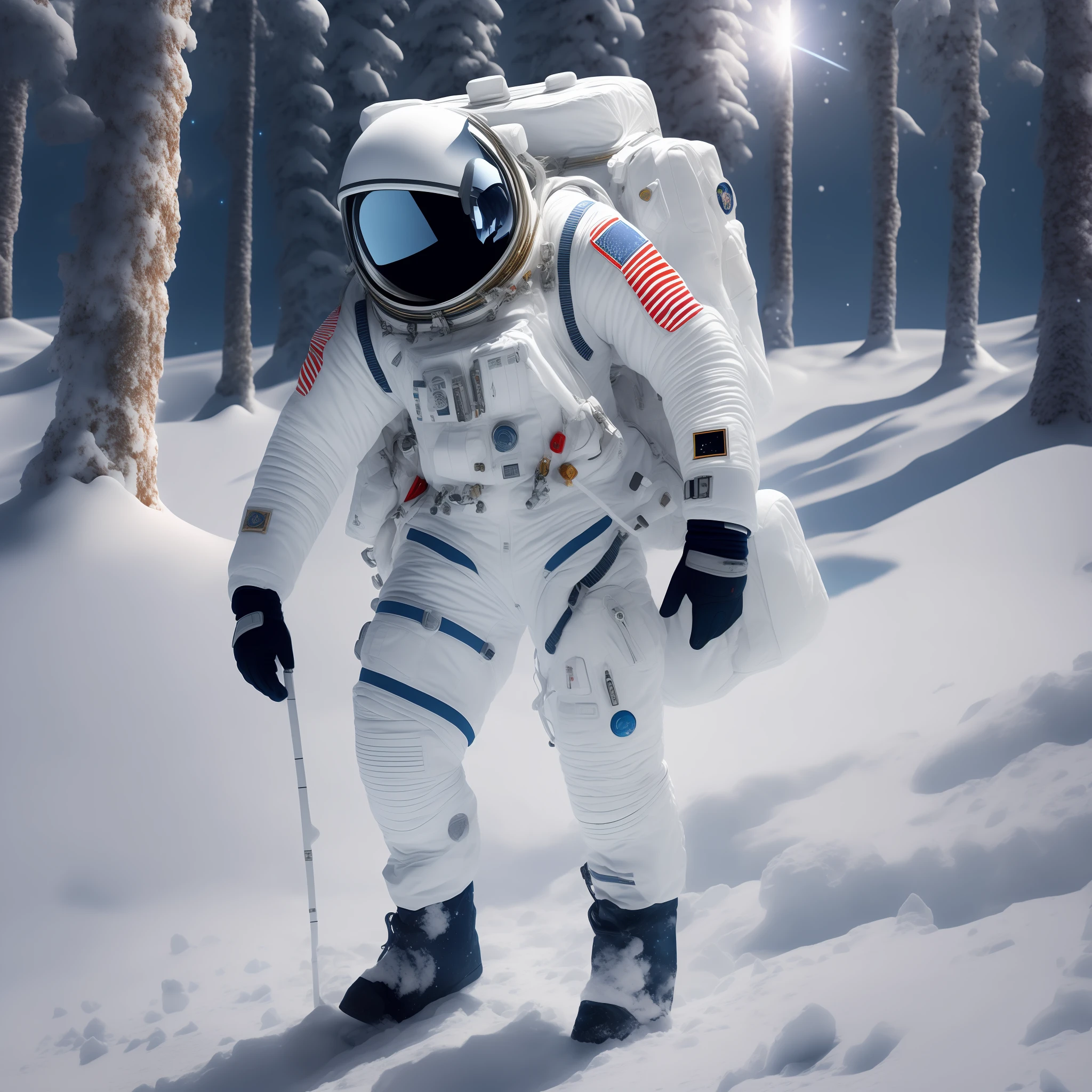 astronaut in white suit in snow, snow background, winter environment, cold, dark sky with stars, hyperdetailed, full body, soft diffuse lighting, depth of field, full body, intricate, high detail, sharp focus, full body, rendering, 8k, ultrarender --auto --s2