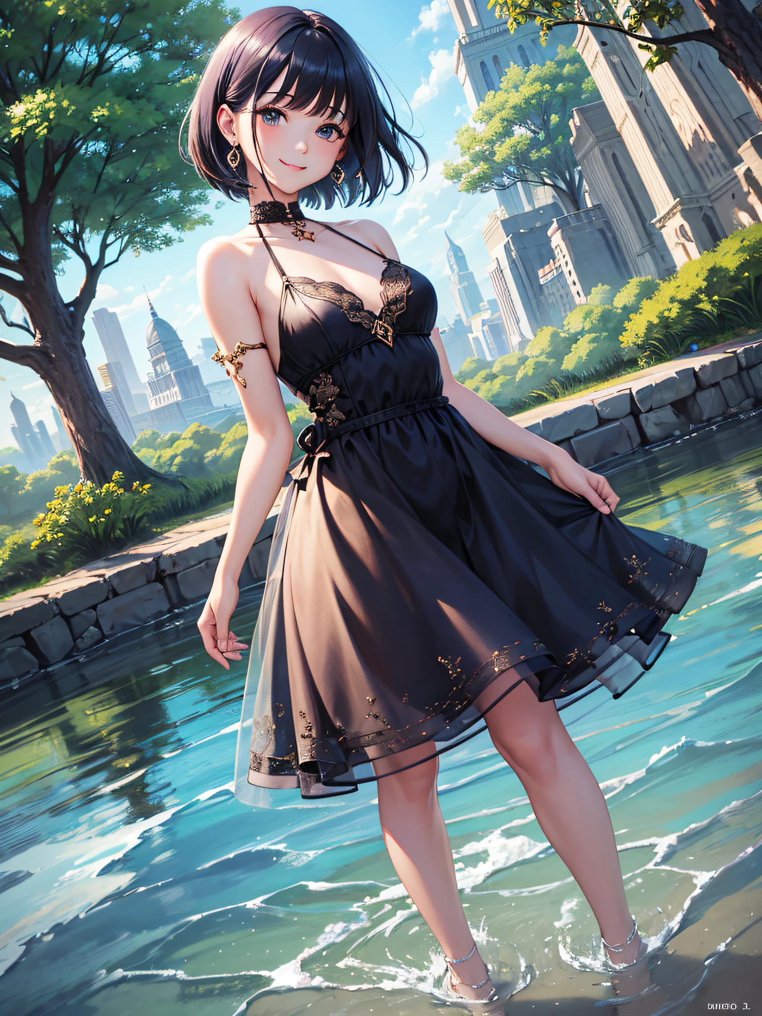 Real world, full body, smiling beautiful girl in bob cut, beautiful girl in neat dress, various angles, kind smile, soft expression, kind eyes, small breasts, indigo hair, particles, rays, (masterpiece, highest quality, highest quality, official art, beautiful and aesthetic: 1.2), (1 girl: 1.3), very detailed, best detailed, (dynamic pose), (landscape full of nature: 1.3), ( shiny skin), (many colors: 1.4), (earrings: 1.4)
