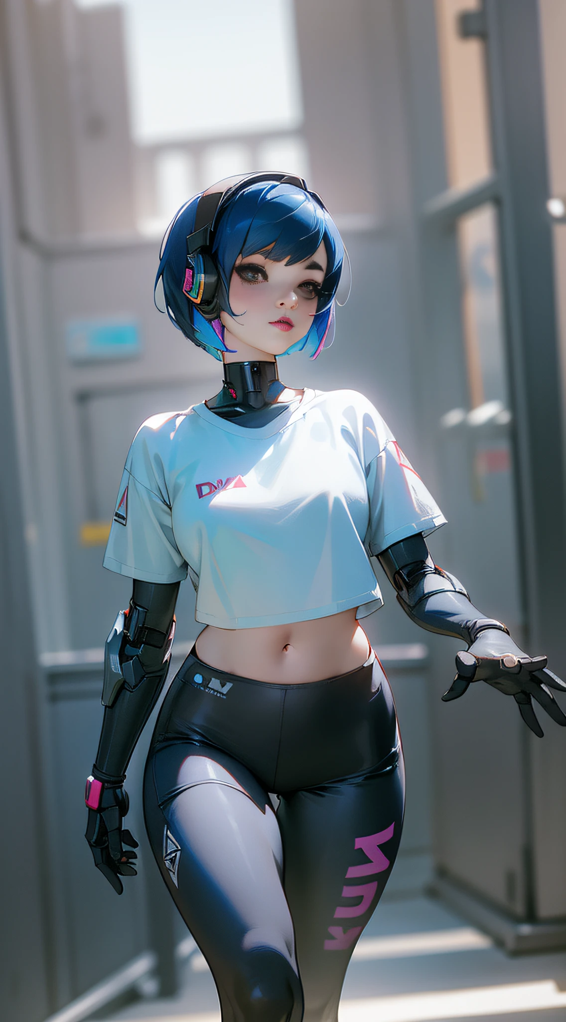 a woman with short blue hair and black lipstick, inspired by Leng Mei, d. va of Overwatch, full-body 3D anime style, with a baggy white T-shirt, black leggings and white running shoes and black glove, her right arm, and a black robotic prosthesis