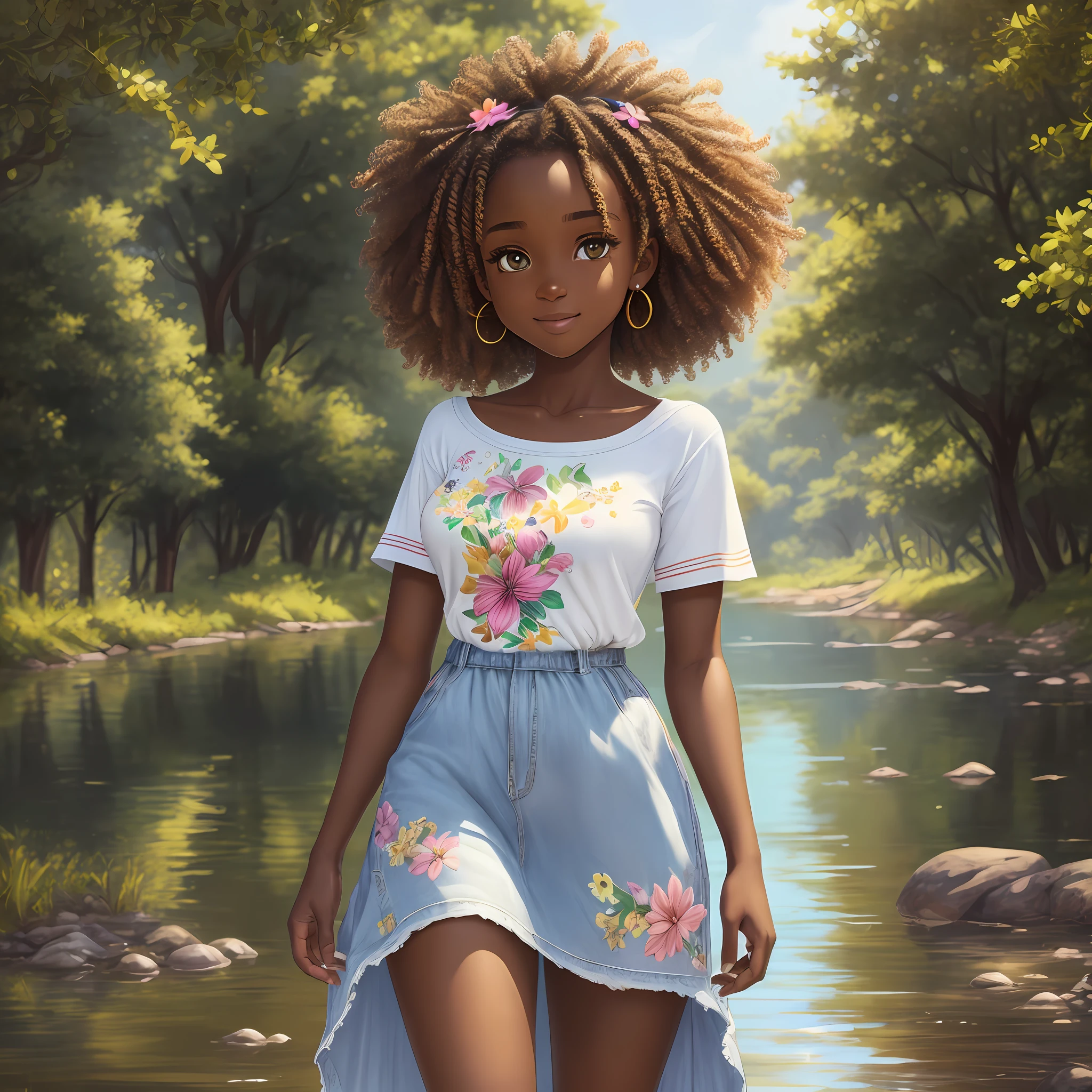 Sticker 1 African-African girl with a flower in her hair, curly hair, clean photo, messy hair in the wind, dressed in jeans and t-shirt, walking, full body, breathtaking rendering, (tan skin), colorful long dress, detailed facial features, symmetrical face, headset, in front of a lake, gentle smile, drawing realistic animated, (big sweet eyes), angelic purity, artist used brilliant, like a pixar character, exceptionally unique beauty, dark skin tone, hi mark (akwaaba tommy) --ar 2:3 --auto --s2