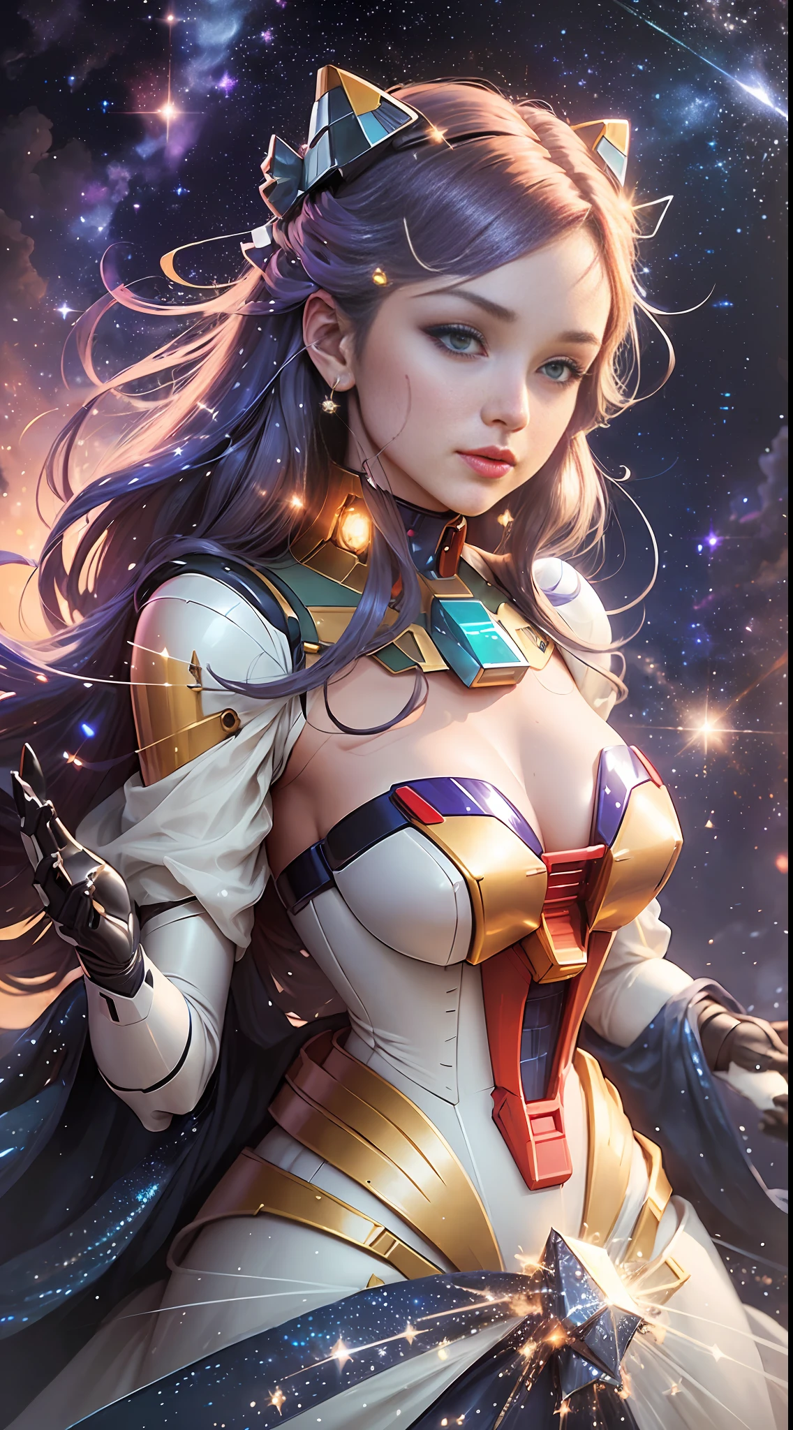a ('sci-fi scene':1.2) depicting an elegant lady in a futuristic gown, releasing her mech of ('Gundam design':1.4) with a touch, (starry sky background:1.3), (vibrant colors:1.1), weightless, floating in space among far-off star systems, (metallic textures:1.2), (intricate lighting:1.3), flowing fabric, (outer-space glamour:1.1), both serene and powerful --auto --s2