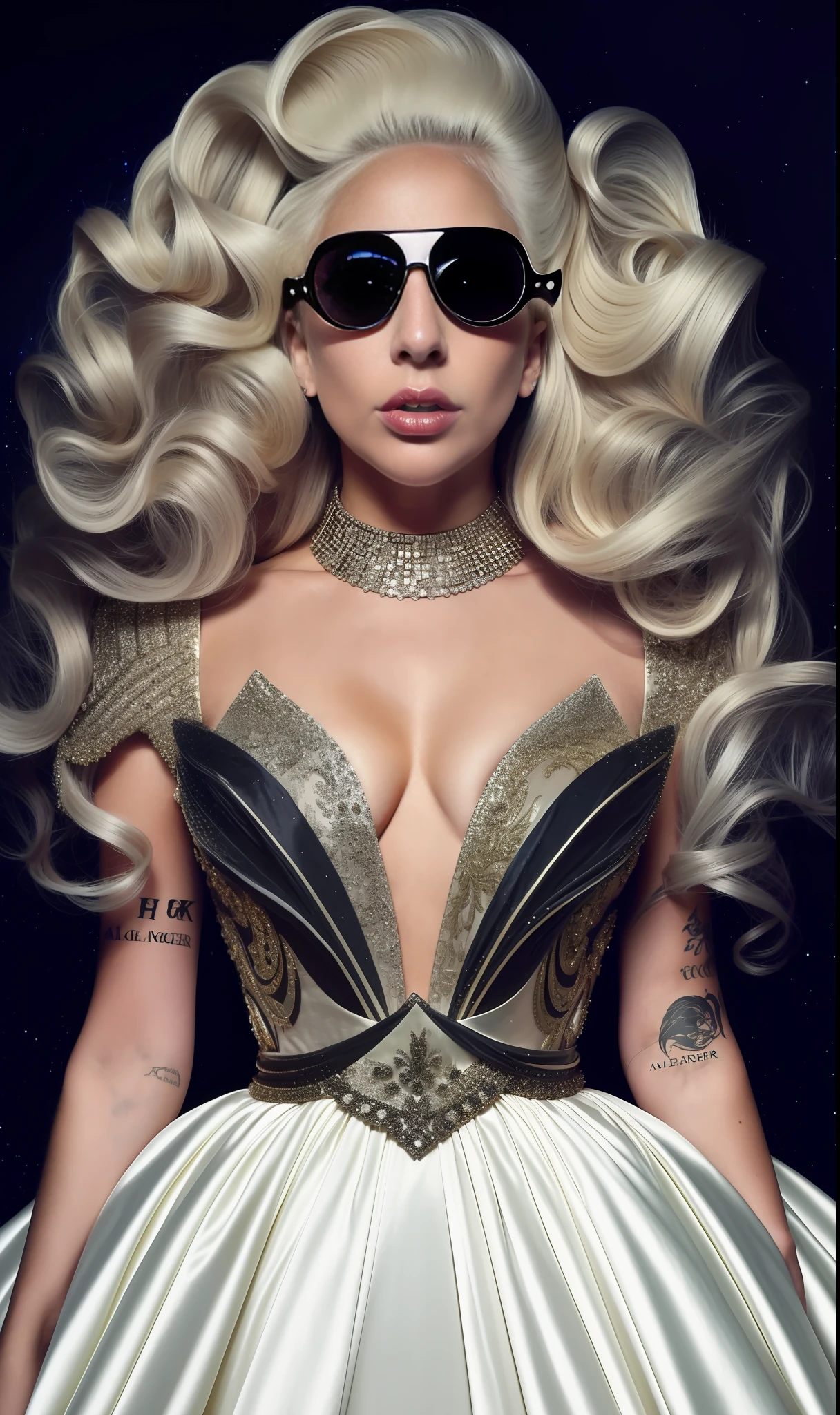 Photo of lady gaga wearing Alexander McQueen dress, 4K texture, long hair, high quality, extravagant hairstyle, original album cover, haute couture dress, 8k image, futuristic, high image quality, at night, sharp image, realistic face