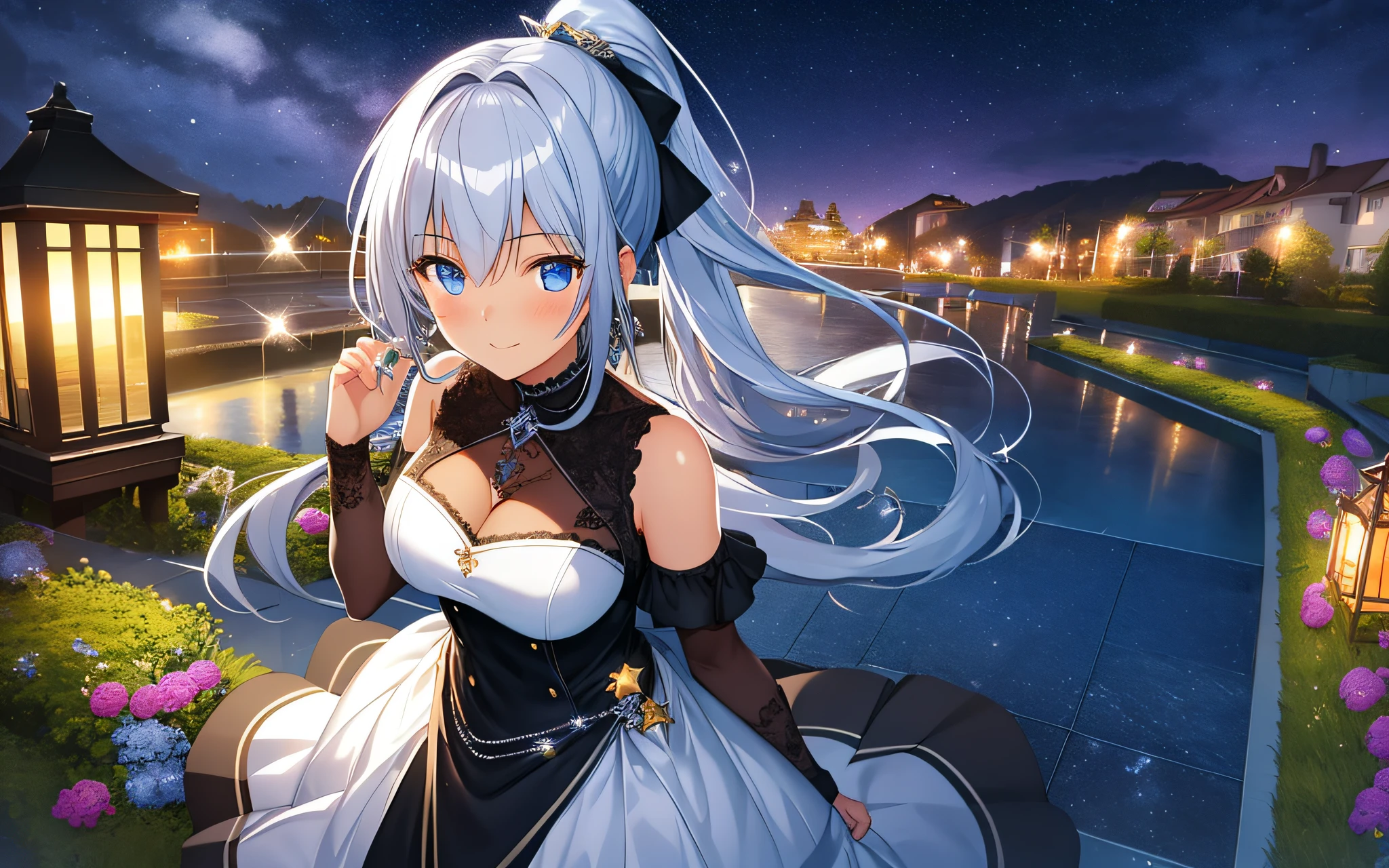 masterpiece, top quality, photorealistic, ultra-detailed, delicate, methodical, high detail, (cute), beautiful, majestic, shiny, shiny skin,bluish-silver ponytail, drooping heterochromic iris, , girl with a gentle smile, shy girl, slender,
Game CG, Dynamic Angle, Dutch Angle, Cowboy Shot, Blurred Background, Deep Shadow,starry sky, night, outdoors,top of the hill