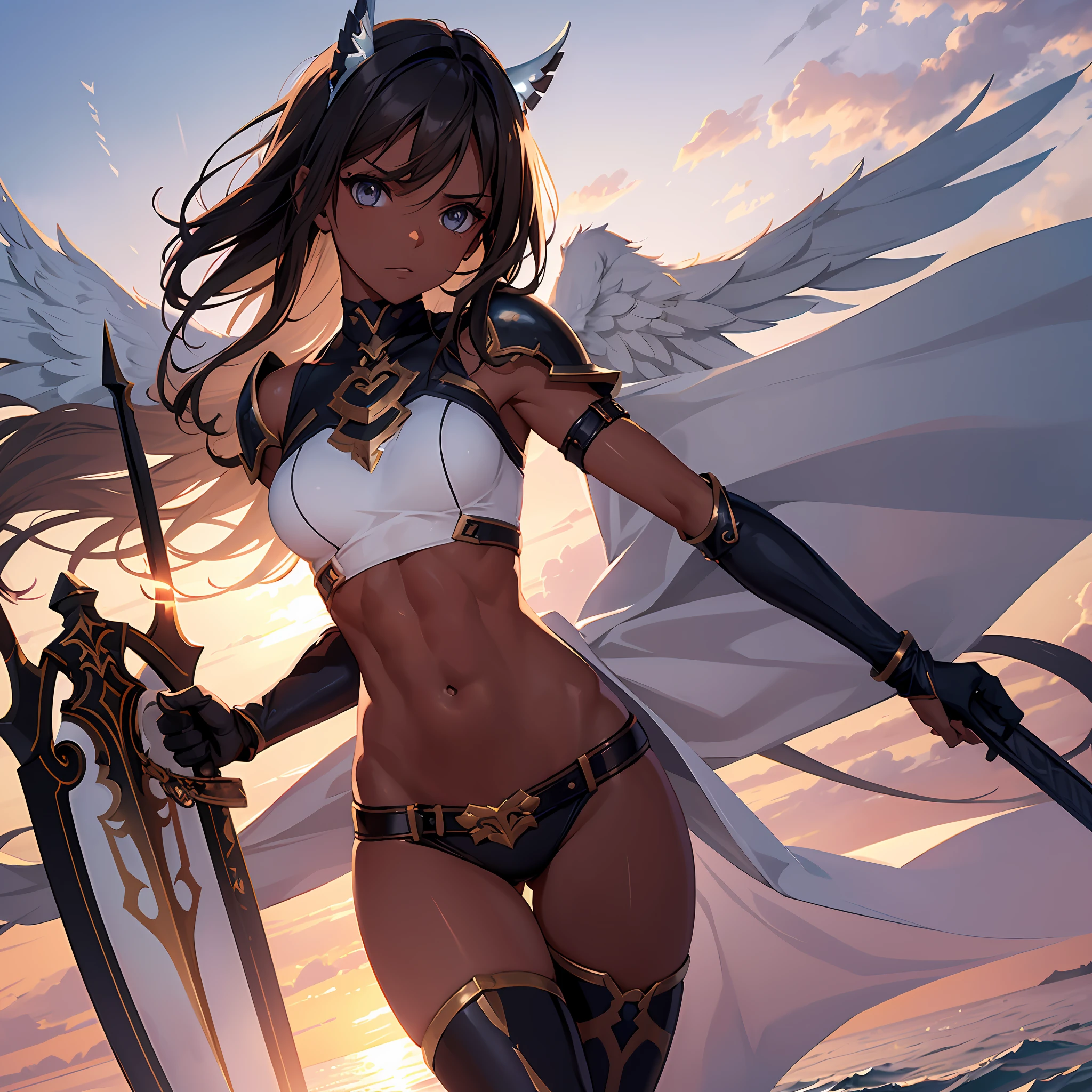1angel_girl, Teen, brown_hair, medium_hair, (dark_skin)+, bare_shoulder, (bare_navel)0.8, Thigh,silver_shiny_armor, white_clothes,waist_armor, hold_sword_hilt, medium_breasts, angry, dynamic_pose_fighting, floating, (1pair_white_wings), (abs)0.6, sunset_background,(pelvic_curtain)++, headgear ,slightly_spread_legs,multiple_shiny_swords_floating_around_ the_girl