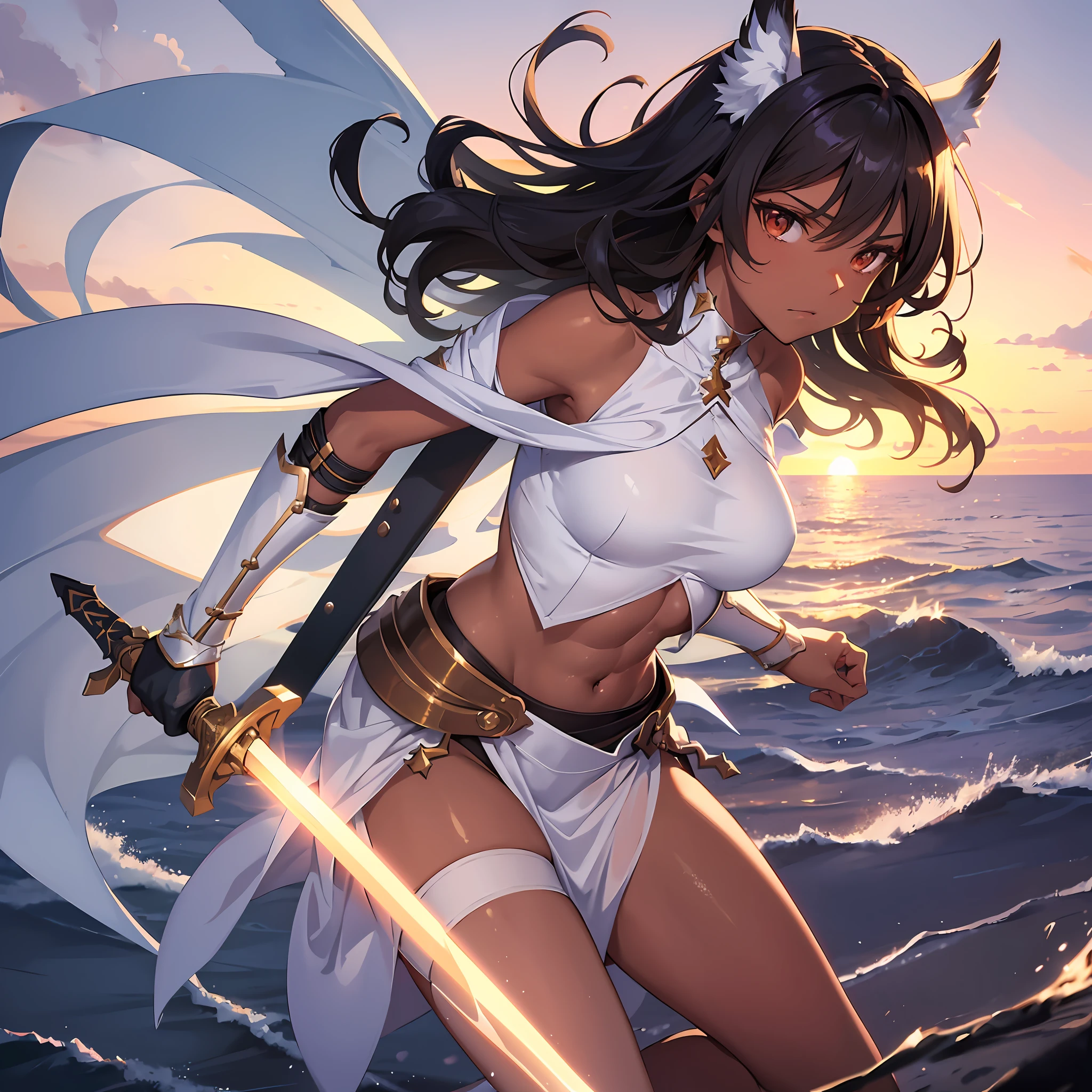 1angel_girl, , brown_hair, medium_hair, (dark_skin)+, bare_shoulder, (bare_navel)0.8, Thigh,silver_shiny_armor, white_clothes,waist_armor, hold_sword_hilt, medium_breasts, angry, dynamic_pose_fighting, floating, (1pair_white_wings), (abs)0.6, sunset_background,(pelvic_curtain)++, headgear ,slightly_spread_legs,multiple_shiny_swords_floating_around_ the_girl