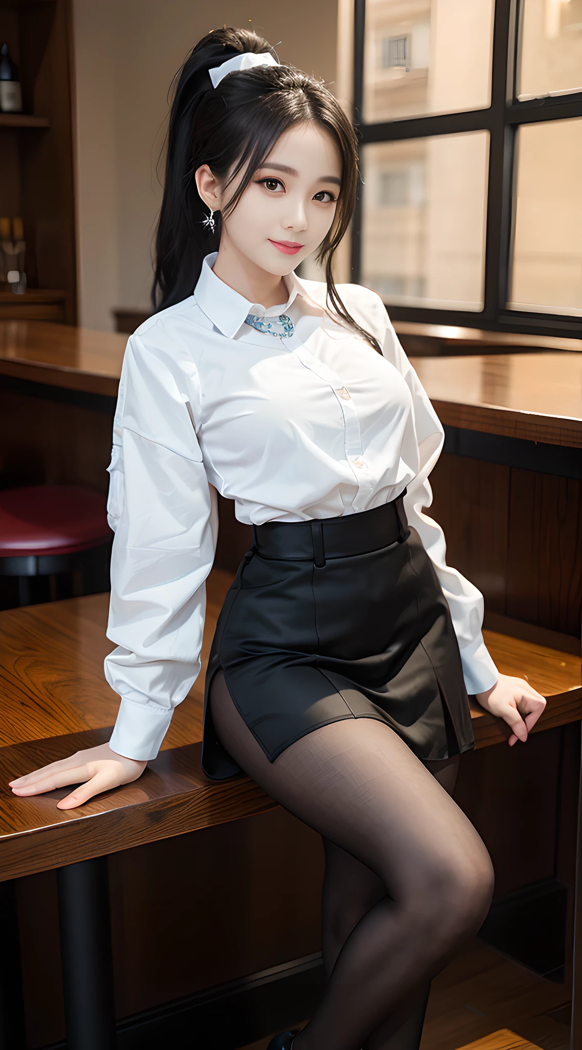 Sophisticated, masterpiece, beautiful details, colorful, fine details, delicate lips, intricate details, big breasts, 1 female, (a beautiful 20 year old cute Korean female: 1.1), (kpop idol, mixed Korean), ( 50mm Sigma f /1.4 ZEISS lens, F1.4, 1/800s, ISO 100, photograpy:1.1), (ponytail+black hair:1.2), (photorealistic:1.4), (spy:1.2), (open jacket, shirt, skirt, tie, black pantyhose, christian louboutin\(brand\),: 1.3), earrings, necklace, armband, (tavern, bar: 1.2), (beautiful legs, tall girl, skinny, slim_legs, thigh_gap, model :1.2), lens flare, viewed from the front, (happy smile: 1.1), dynamic pose, (makeup: 1.2), sitting on a bar stool,