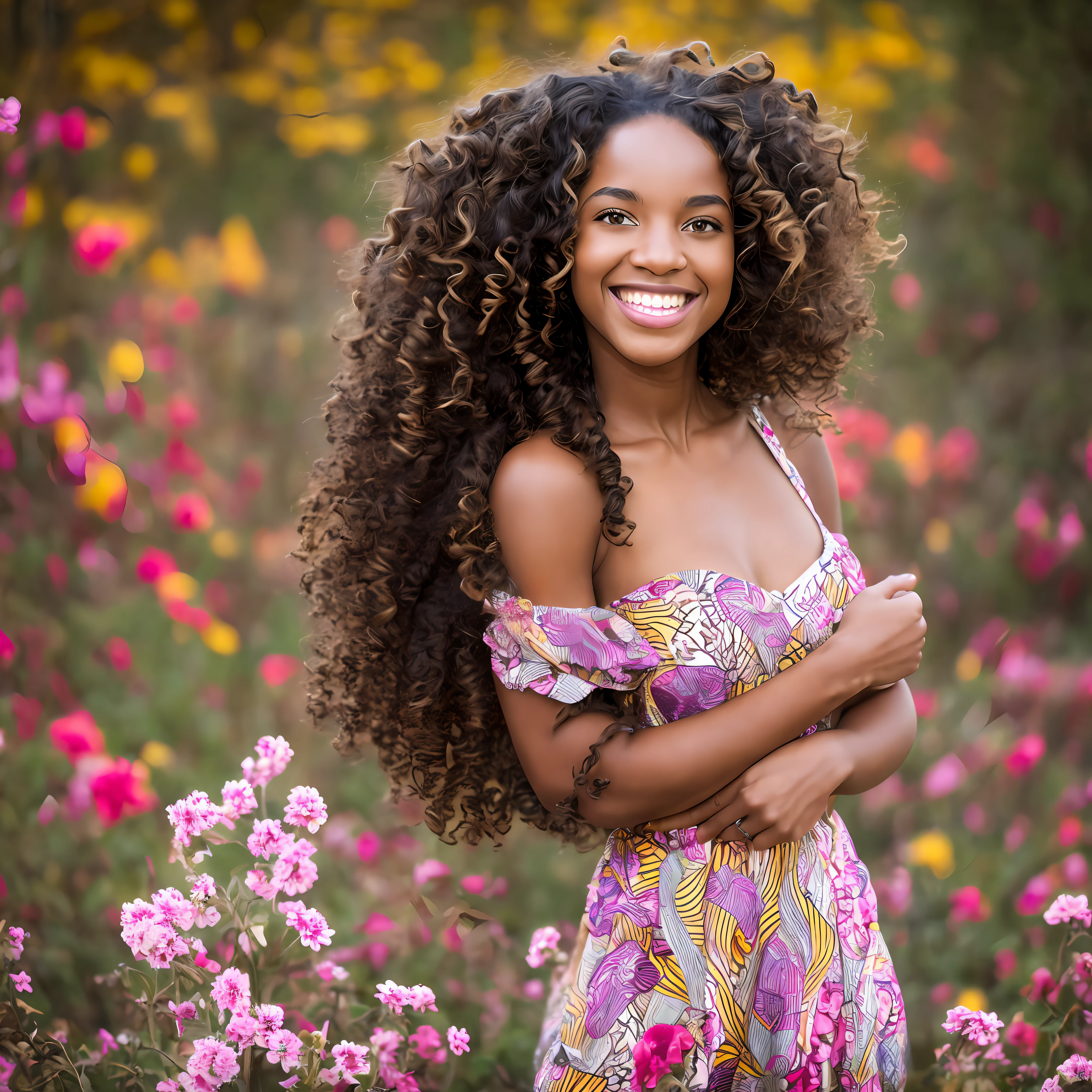1girl, ((solo))), (30s long curly hair messy, smiling
happy, African-American, kind eyes;1.15), sculptural body of the model, late
autumn, flower garden, warm and soft light, flowers being
Windblown, motion blur lens -- 9:16 --auto --s2