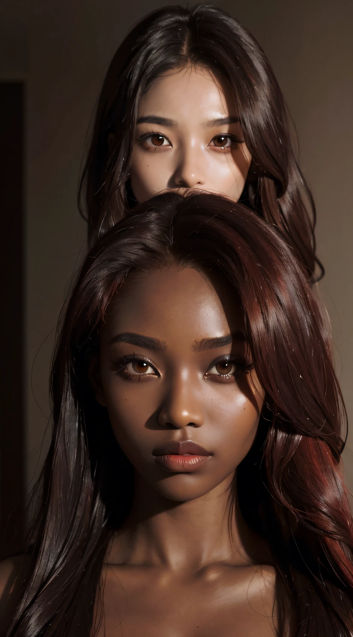 (((Masterpiece))), best quality, close-up, dark skin, sculptural body, long red hair, intense makeup, expressive eyes, warm lighting tones, neutral background.