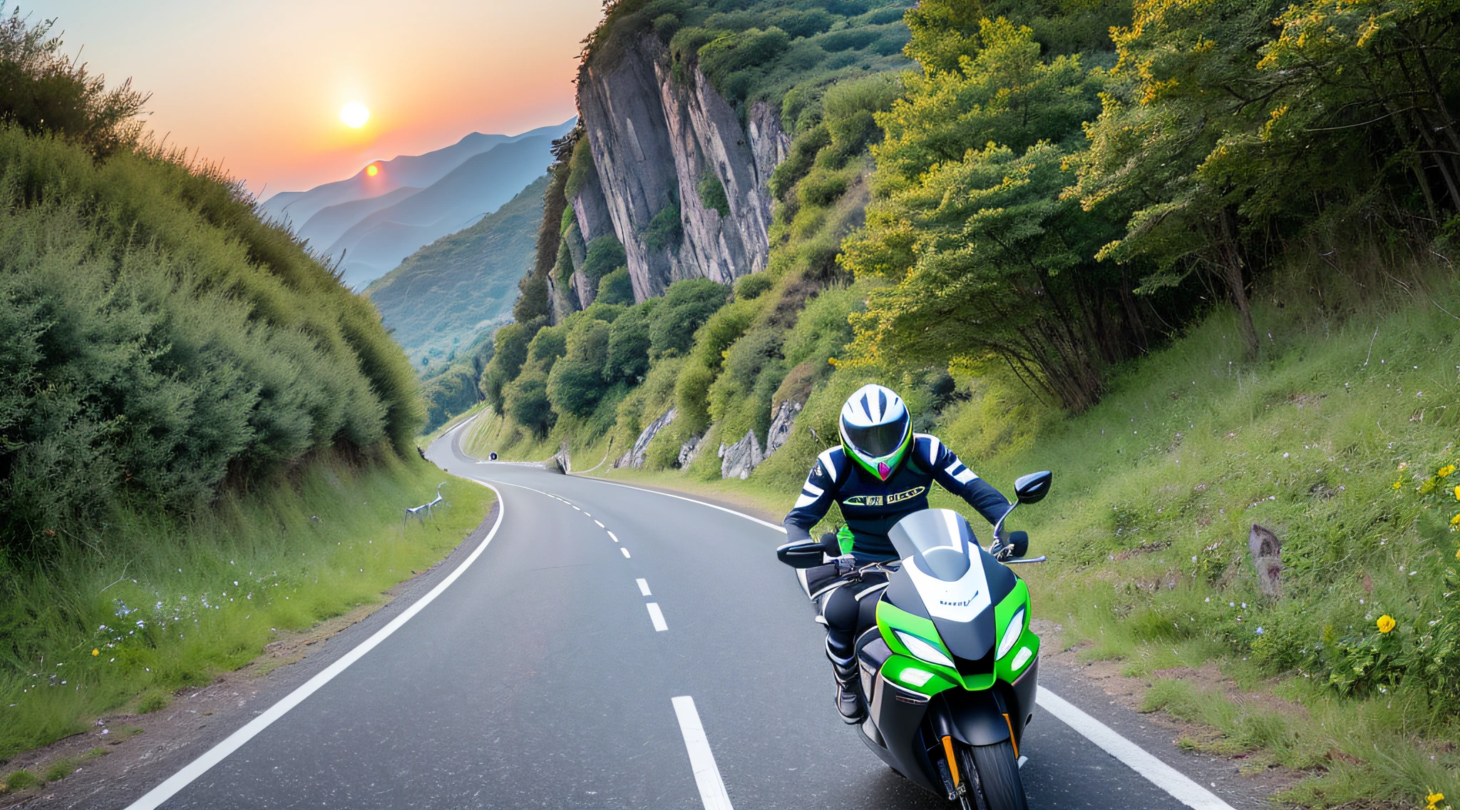 [Illustration storyboard] manga page, there are multiple panels on one page: a Chinese, white helmet, black T-shirt, grass green backpack, riding a blue and white motorcycle, facing the rising sun, driving on a mountain path (GoPro, f/2.8, vista, wide-angle lens). [Continuous shooting] in the style of Roman Likholob, motion picture film p30