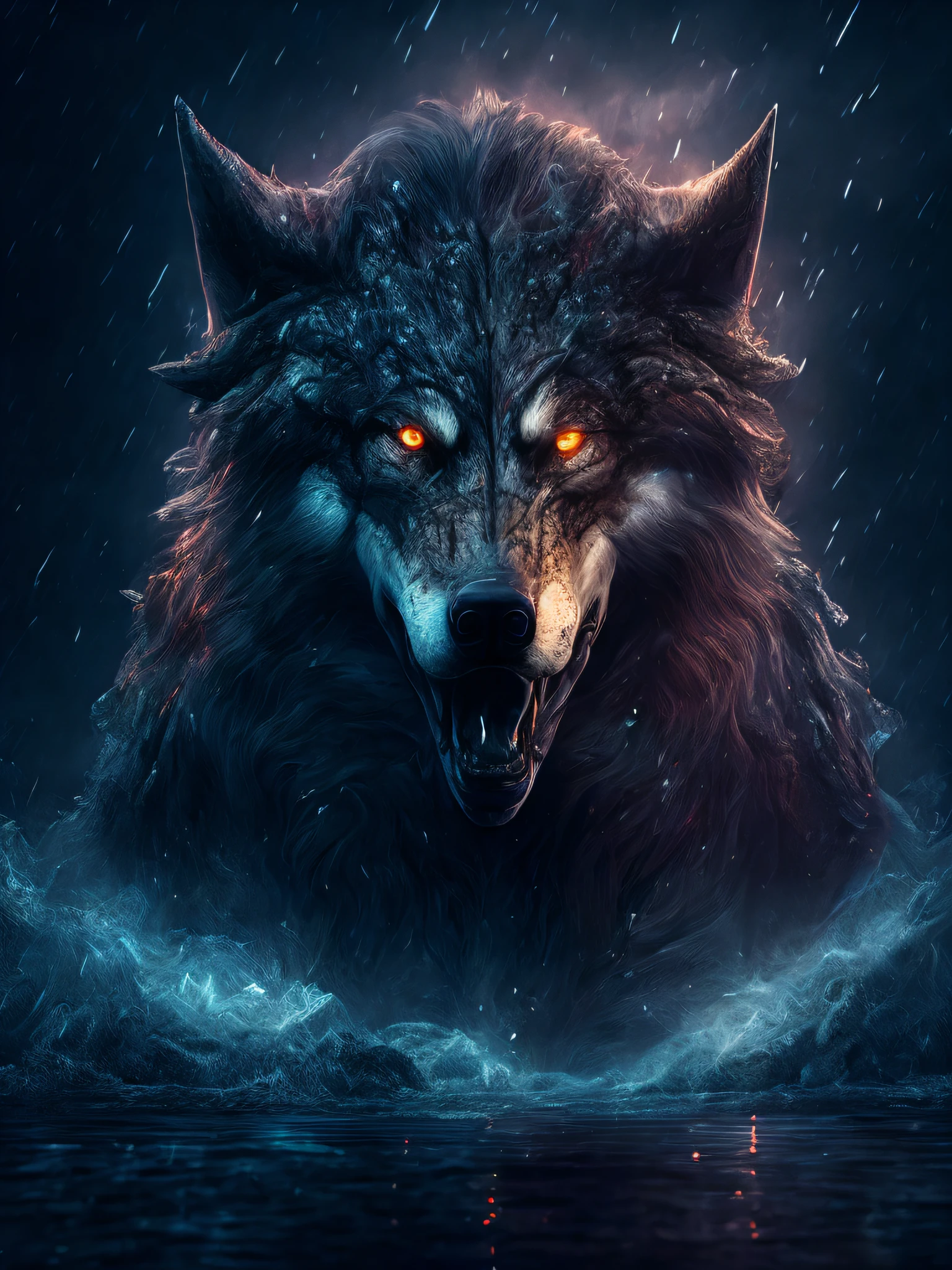 Wolf God, surreal, tense, cold, highly detailed, sharp, professional, 8k UHD, movie, dark, violent, outdoor, river, battle, chase, dramatic, vivid, tense atmosphere, rendering, epic, twilight, HDR, album cover, blizzard, lightning, disaster