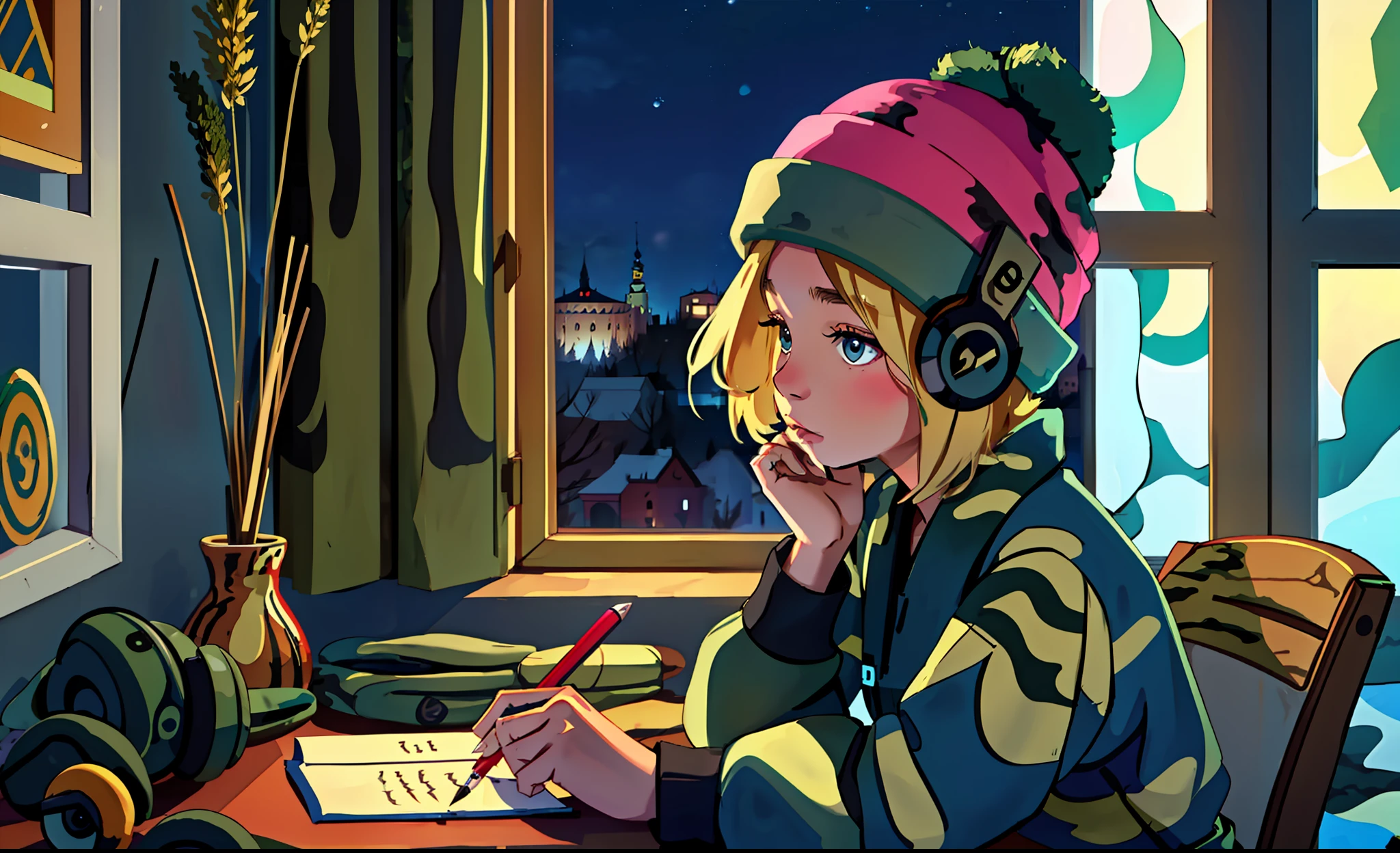 lofistudy, 1girl, writing, sideways, serene/(pokemon\), blonde hair, short hair, headphones, beanie, camouflage uniform, window, Ukraine background, night