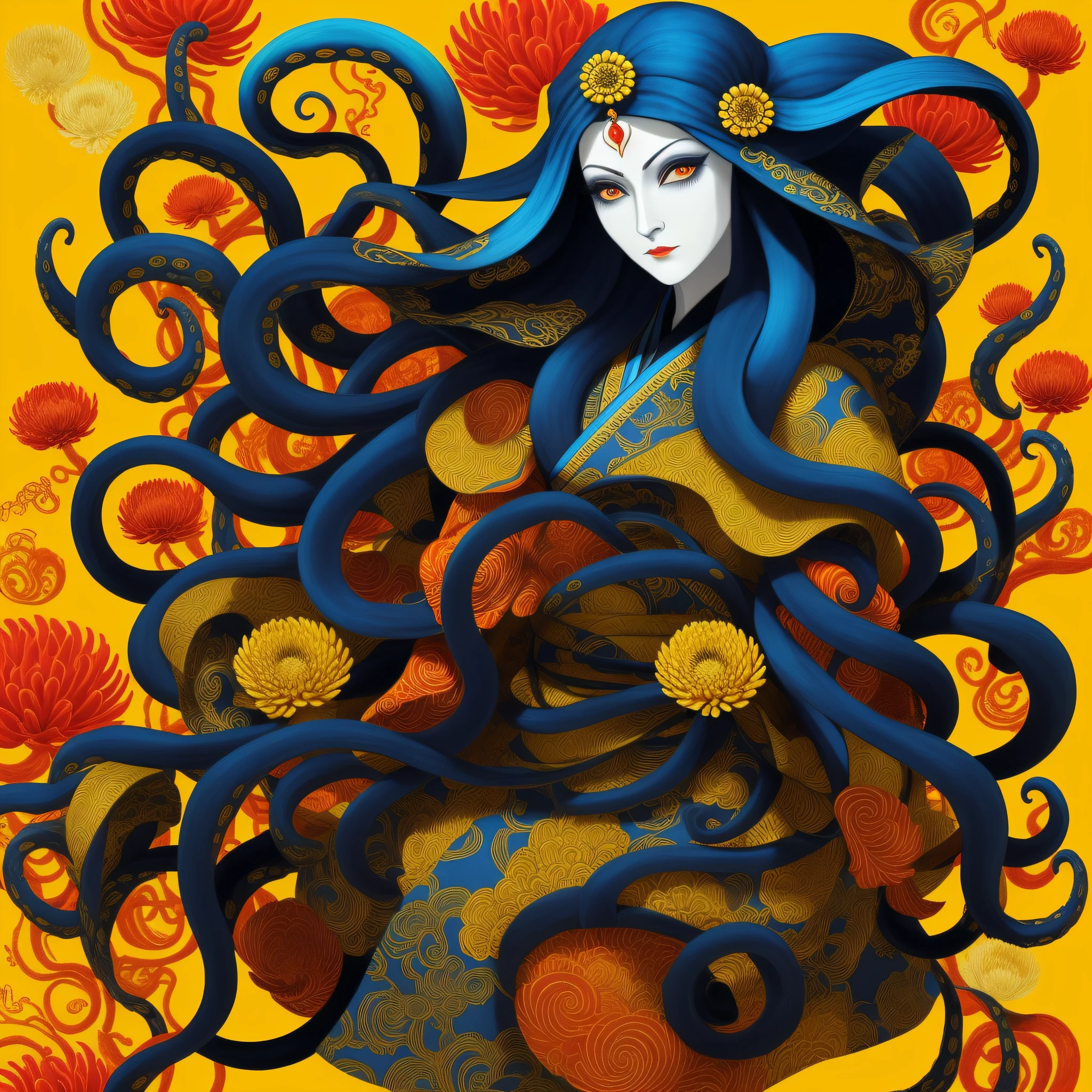 cephalopod, Priestess Chrysanthemum, silky black tentacles, orange skin, lovely blue eyes, fancy yellow and red kimono, japanese head ornaments, masterpiece, Best Quality