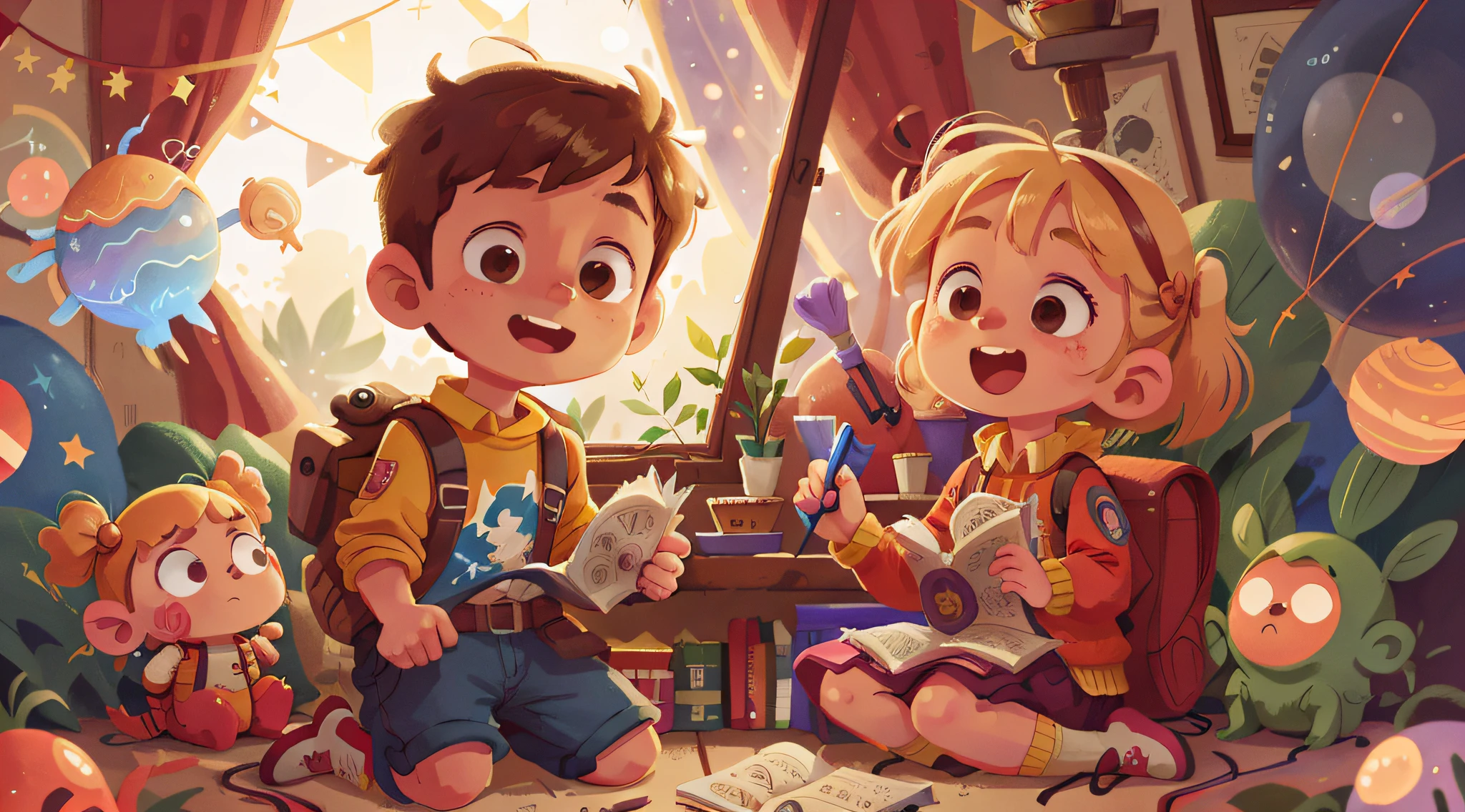 an older boy and a young girl, bright colored lights, spaceship, rocket, window, planets, stars, universe, happy, happy, perfect quality, clear focus, (masterpiece: 1.2) (Realistic: 1.2) (Bokeh) (Best quality) (Detailed Skin: 1.3) (Intricate Details) (8k) (Detail Eyes) (Sharp Focus), (Happy) Blonde girl, full body, clean background, long vision composition, 85MM SHOT