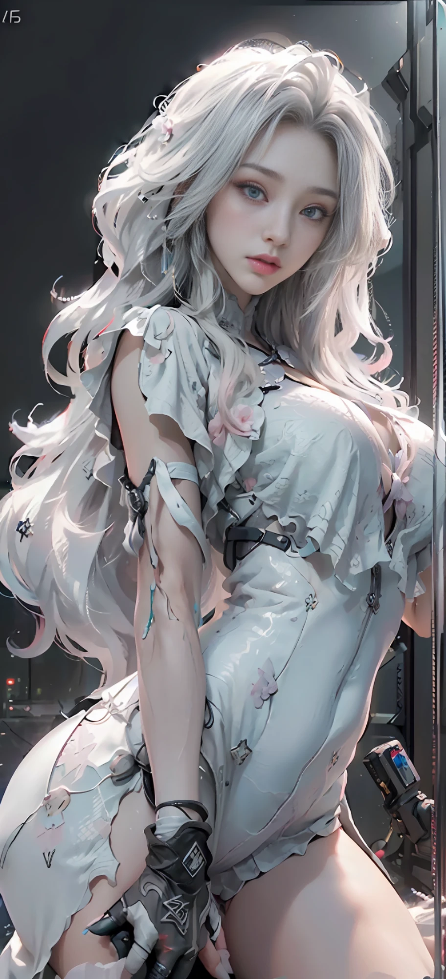 (Best Quality), ((Masterpiece), (Detail: 1.4), 3D, A Beautiful Cyberpunk Woman, HDR (High Dynamic Range), Ray Tracing, NVIDIA RTX, Super-Resolution, Unreal 5, Subsurface Scattering, PBR Textures, Post-Processing, Anisotropic Filtering, Depth of Field, Maximum Sharpness and Clarity, Multi-layer Textures, Albedo and Highlight Maps, Surface Shading, Accurate simulation of light-material interactions, perfect proportions, Octane Render, two-color light, large aperture, low ISO, white balance, rule of thirds, 8K RAW, realistic, (dignified fluff, perfect proportions, bright eyes, light makeup, big black eyes, pink and moist lips), white hair, big black eyes, cold storage, sharp eyes, flowers, (masterpiece, realistic, high resolution), ((1 girl): 1.2), ((white wavy long hair): 1.3), (business suit, office documents, sitting at desk, playing with mobile phone), ((big breasts): 1.5, thin waist: 1.2, strangled thighs: 1.3, fair and moist skin)