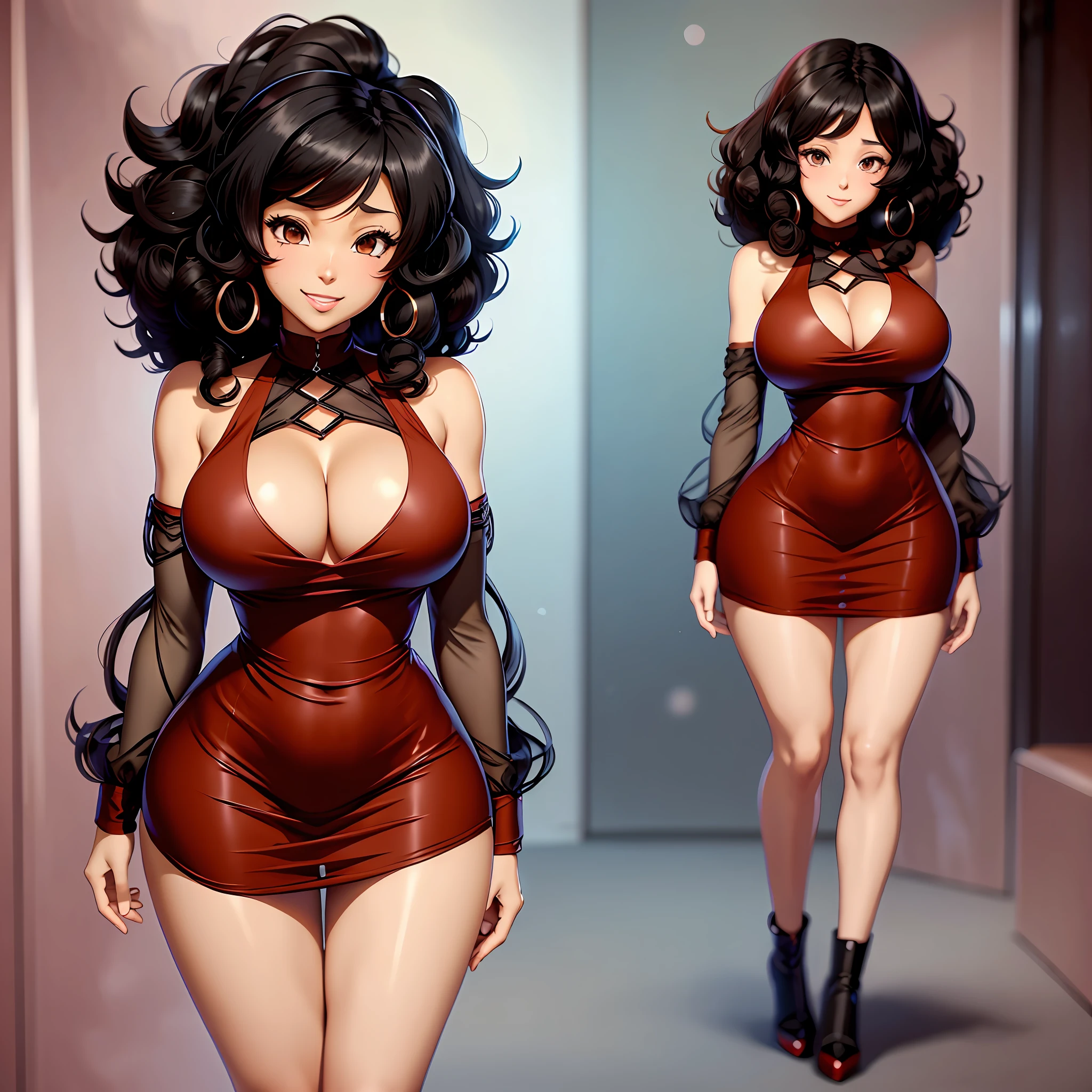 Anime style image of a black woman with black hair, big and curly.brown eyes, reddish lips, smiling big breasts, thin waist, big ass and wearing a red dress.full body. --auto --s2