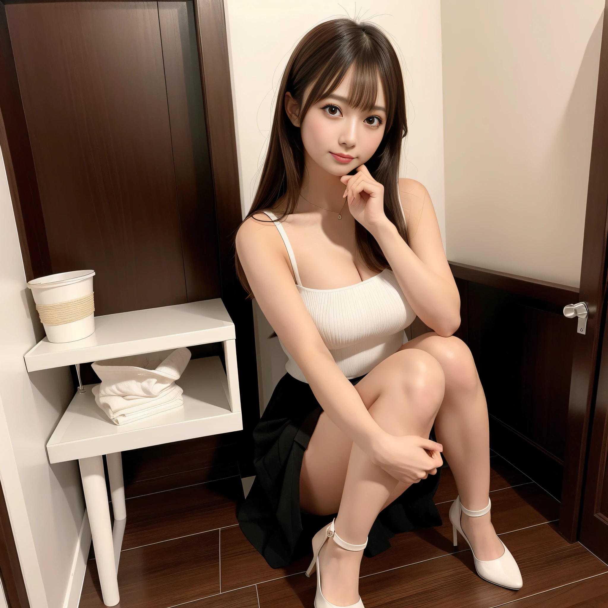 masterpiece, best quality, 1girl, young girl, brown eyes, long light brown hair, (nice leg line: 1.3), thin waist, medium breasts, menstruating, menstrual blood running down the thigh and transparent panties, white pleated skirt dress, tie, high heels, bathroom, depth of field, looking at the viewer, squat, behind, full body, legsupsexms