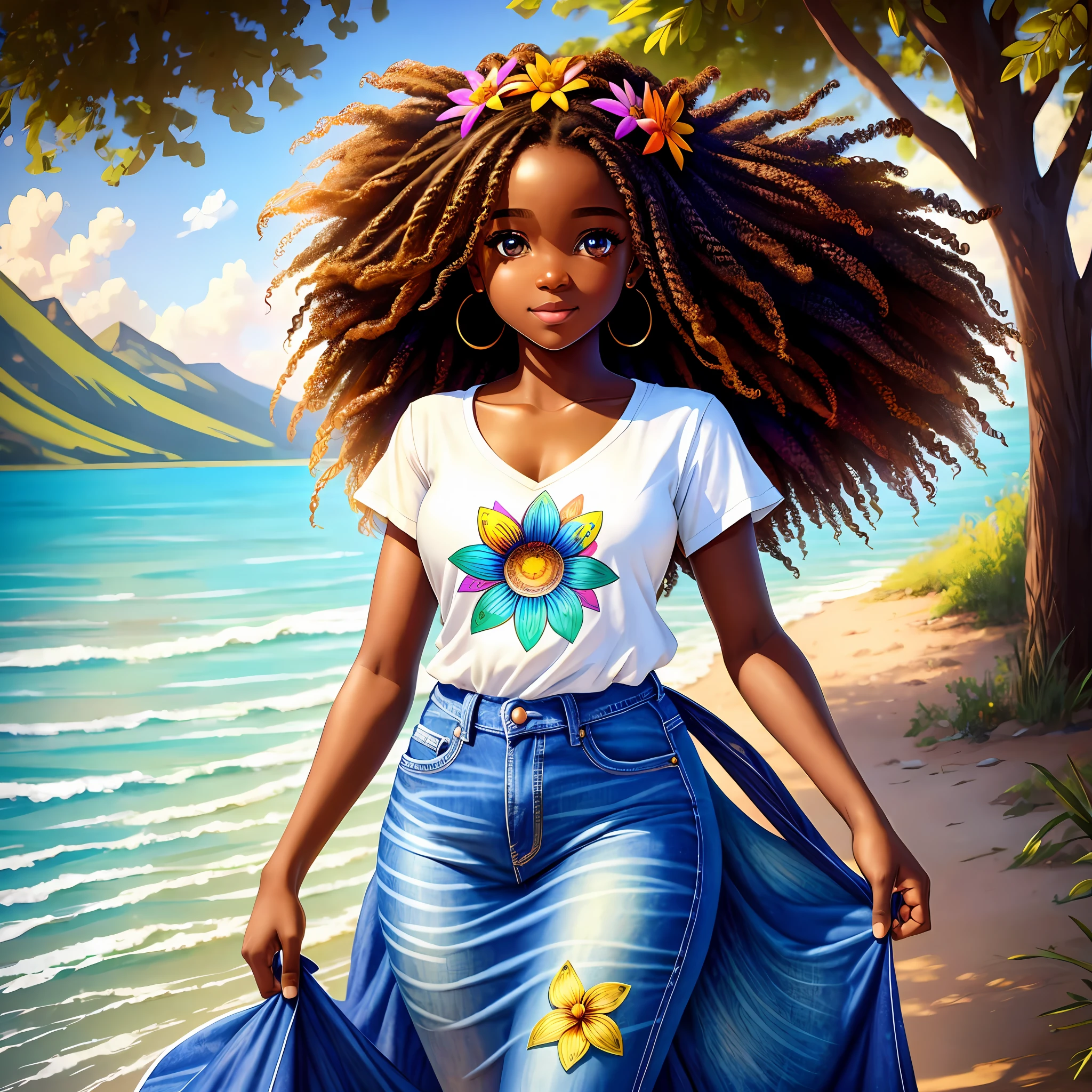 Sticker 1 African-African girl with a flower in her hair, curly hair, clean photo, messy hair in the wind, dressed in jeans and t-shirt, walking, full body, breathtaking rendering, (tan skin), colorful long dress, detailed facial features, symmetrical face, leaves in the wind, in front of a lake, gentle smile, drawing realistic animated, (big sweet eyes), angelic purity, artist used bright, like a pixar character, exceptionally unique beauty, dark skin tone, hi mark --ar 2:3