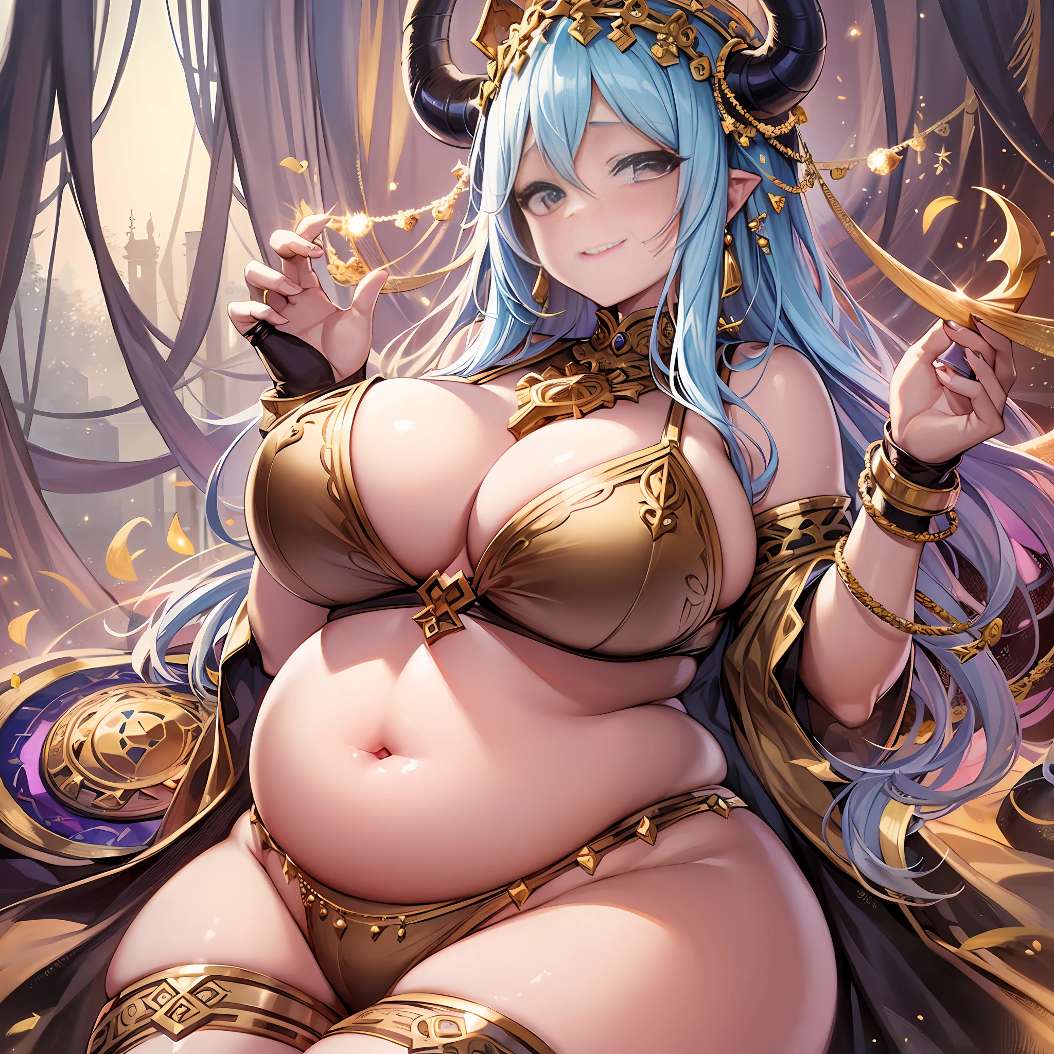 1girl, plump, fat, empress, goddess, queen, wearing crown, looking at viewer, smirking, huge breasts, huge belly, dragon horns, dragon tail, gold jewelry, dragon scales, overweight