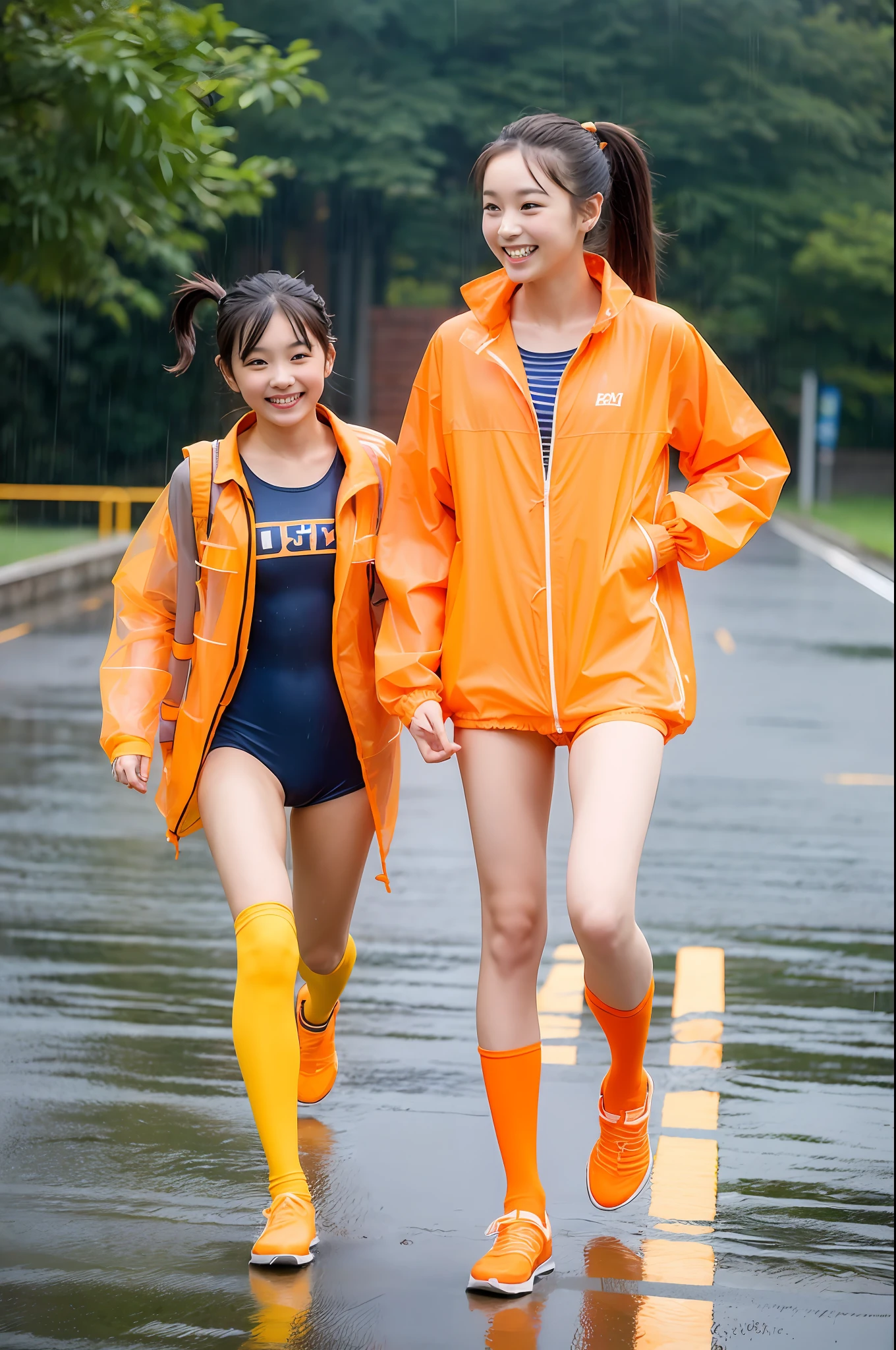 ((Ponytail girl in light orange high-leg school swimsuit and raincoat)),,Smiling,(Boy in raincoat) ,Walking with student bag,It's raining wet road