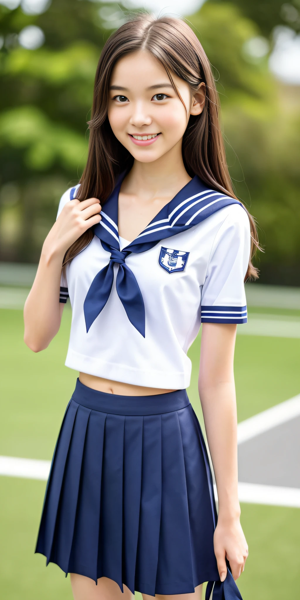 neat college girl, (school uniform, sailor uniform, ribbon tied at chest, summer uniform, upper body white, skirt is navy blue), outside the athletic field, (slim), photorealistic, detail, skin texture, ultra detail, delicate and sexy collarbone, smile, super detailed face, detailed lips, detailed eyes, double eyelids, small breasts, small breasts, small, flat breasts, breast emphasis