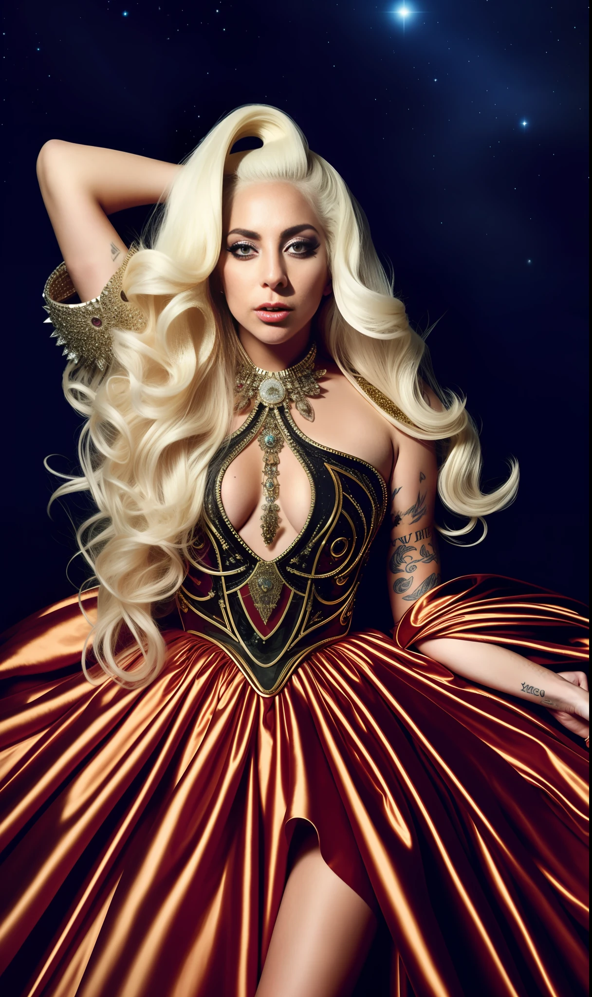 Lady Gaga Photo in Alexander McQueen Dress, 4K Texture, Long Hair, High Quality, Extravagant Hairstyle, Original Album Cover, Couture Dress, 8K Image, Futuristic, High Image Quality, At Night, Sharp Picture, Realistic Face, HD, 8k Image, Various Poses