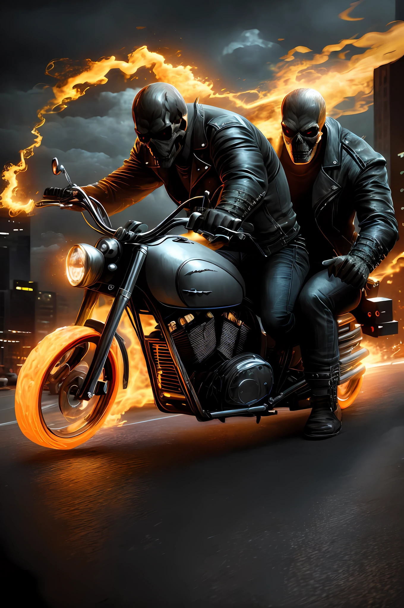 high quality, cinematic radius, realistic digital art illustration yet film of two ghostriders on a motorcycle, epic lighting, cinematic lighting, high res, (detailed image:1), insane details, smooth, hyper realistic, (highly detailed: 1.2), masterpiece, 8k uhd, digital art style, trend in artstation