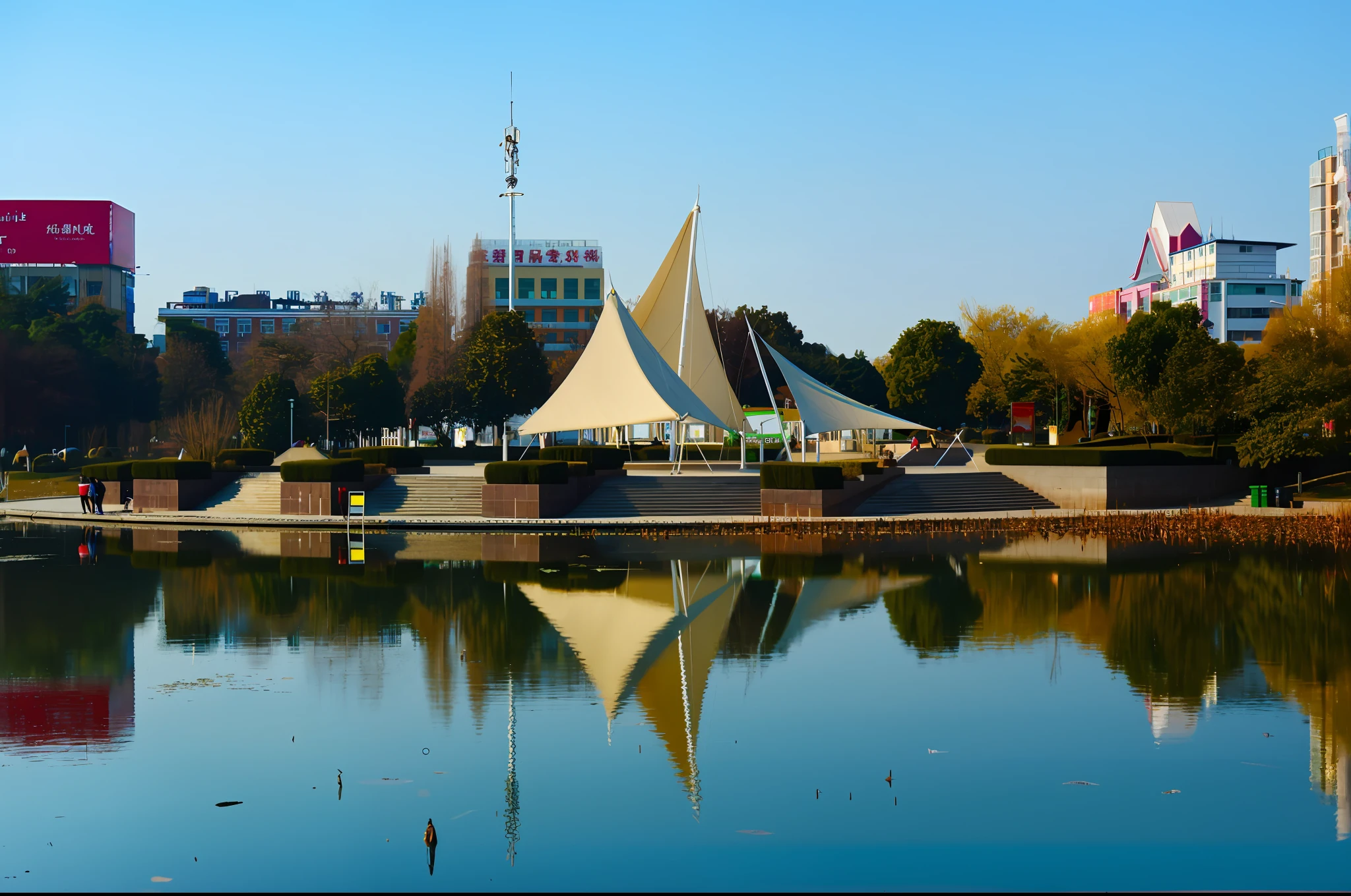 there is a large white building with a sail on top of it, in a park and next to a lake, city park, taken with sony a7r camera, the photo shows a large, parks and lakes, baotou china, jc park, sangyeob park, reflection, beautiful image, pavilion, mirror and glass surfaces, beautiful sunny day, beijing