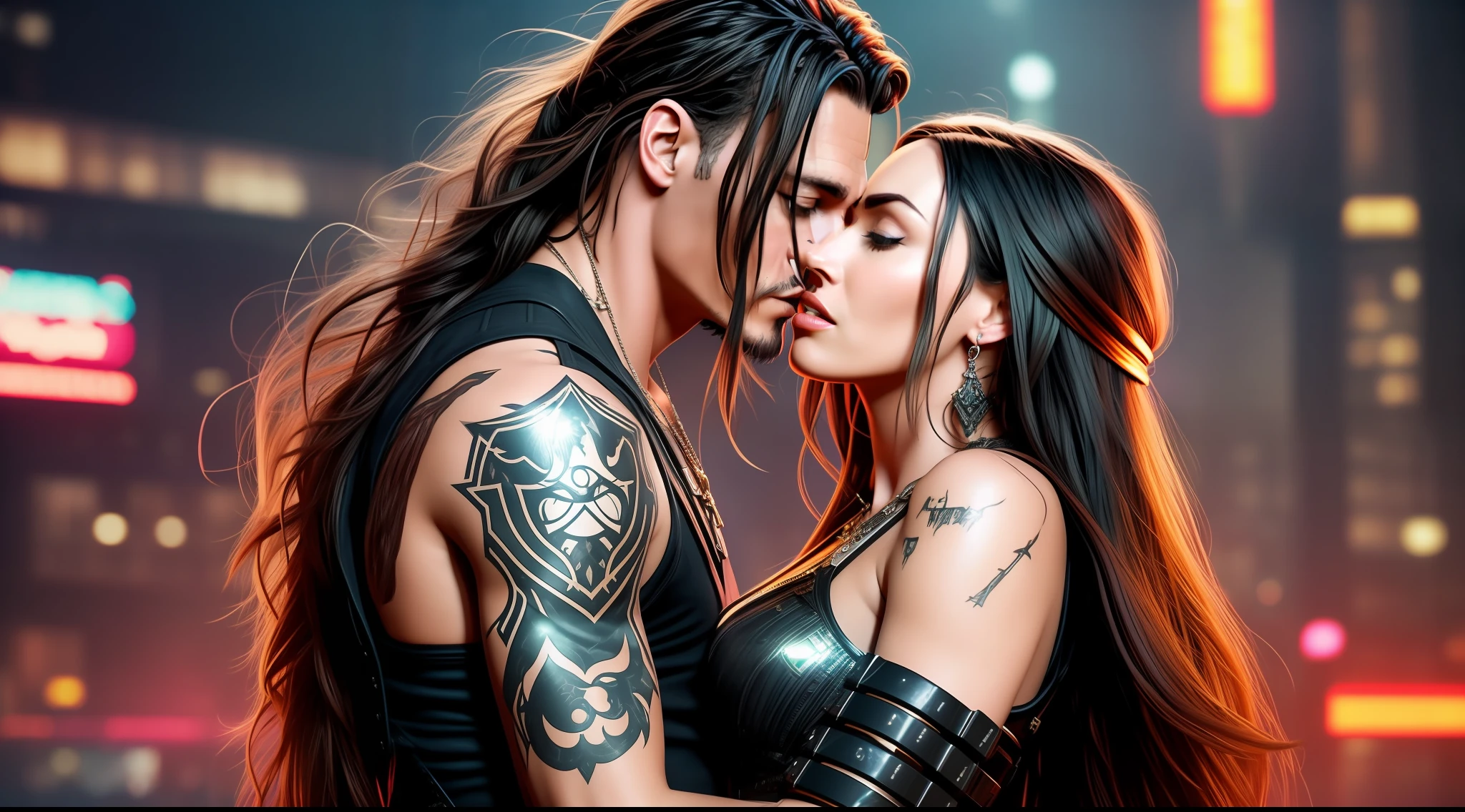 Generate an image depicting Megan Fox kissing Johnny Depp in the following scenario:
Character Jonny Depp Descriptions:
- The character's face should resemble Johnny Depp's with an extremely realistic depiction, ensuring an extremely detailed face representation.
**(realistic) (photorealistic: 1.2) (best quality: 1.2) (detailed face: 1.4)**
- The character should hav long hair reaching waist length.
-Dress the character in a cyberpunk-style outfit.
- Show the character in a full-body view.
Character Megan Fox Descriptions:
- The character's face should resemble Megan Fox's with an extremely realistic depiction, ensuring an extremely detailed face representation.
**(realistic) (photorealistic: 1.2) (best quality: 1.2) (detailed face: 1.4)**
-The character should have brown color almond-shaped eyes. **(beautifully detailed eyes: 1.2)**
- The character's body should match Megan Fox's.
- Dress the character in a cyberpunk-style outfit.
- Show the character in a full-body view.
- The character should have ultra black hair reaching waist length.
Scene Description:
- The scene should capture a passionate kiss between Megan Fox and Johnny Depp.
- The background should have a cyberpunk-inspired setting, featuring futuristic elements and vibrant colors.
- Ensure that the lighting emphasizes the romantic atmosphere of the moment.
Additional Guidelines:
- Pay attention to facial expressions, capturing the emotions of the characters during the kiss.
- Maintain a high level of realism and detail in the image, showcasing the unique features of both Megan Fox and Johnny Depp.
- Consider the appropriate positioning and angles for an aesthetically pleasing composition.
Please generate an image that combines all these elements to create a visually captivating depiction of Megan Fox and Johnny Depp in a romantic and cyberpunk-inspired moment.