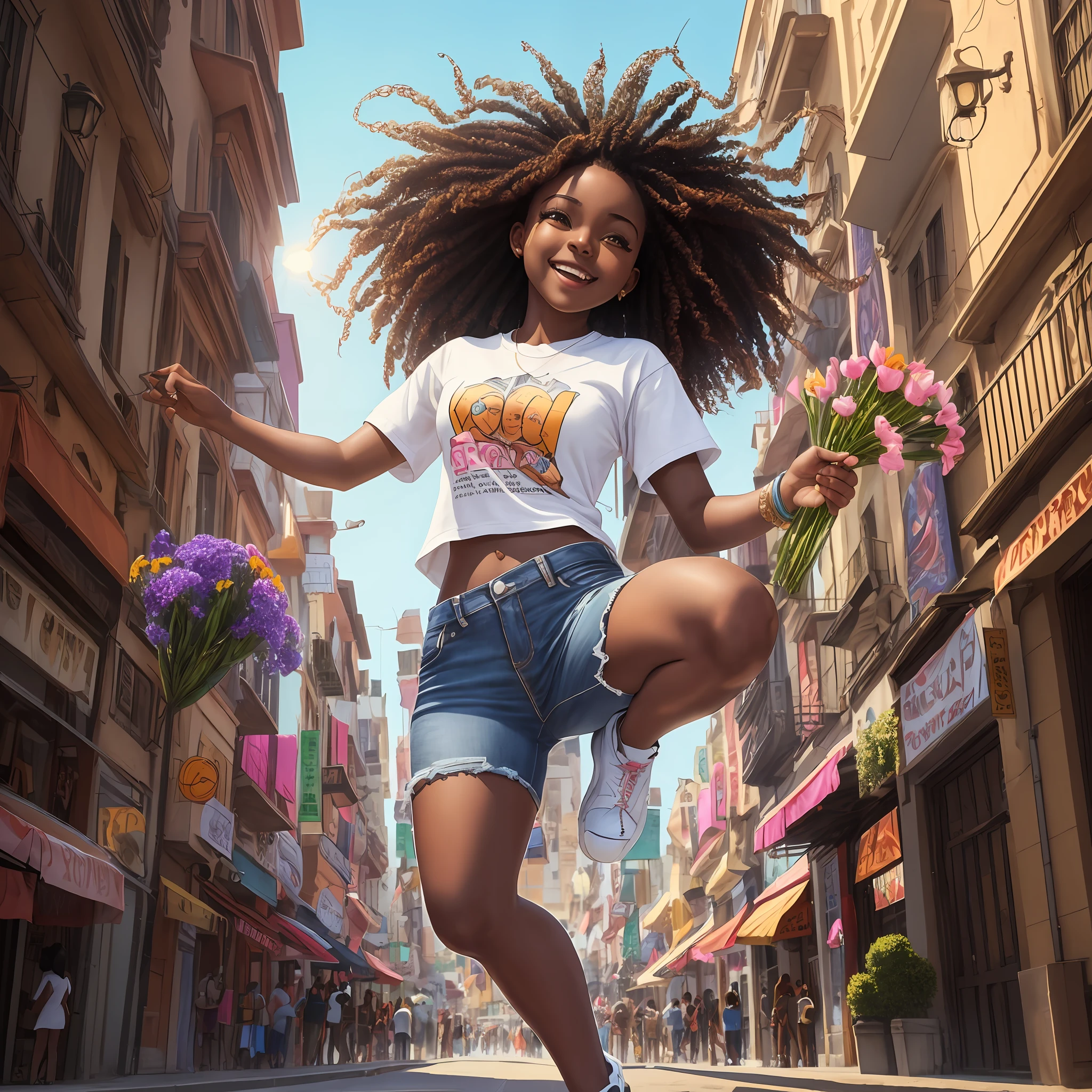 portrait of beautiful 9-month-old African African girl ((dark brown skin color)) on the city street, with happy jumping, ((Playtoon)), cute smile, ((with flowers)), wearing t-shirt (((no printing))), orange and jeans, current fashion shoes, mega long curly hair, ((kanekalon)), (cinematic contour lighting), close-up, product preview, detailed facial details, perfect face, sharpness, trendy art, sharp facial details, cgsociety, very high quality digital art, exquisite hyperdetail, 4k, 3D, 8k, chibi style, soft lighting, dreamy --ISO 100, fashion --air 2:3 --auto --s2