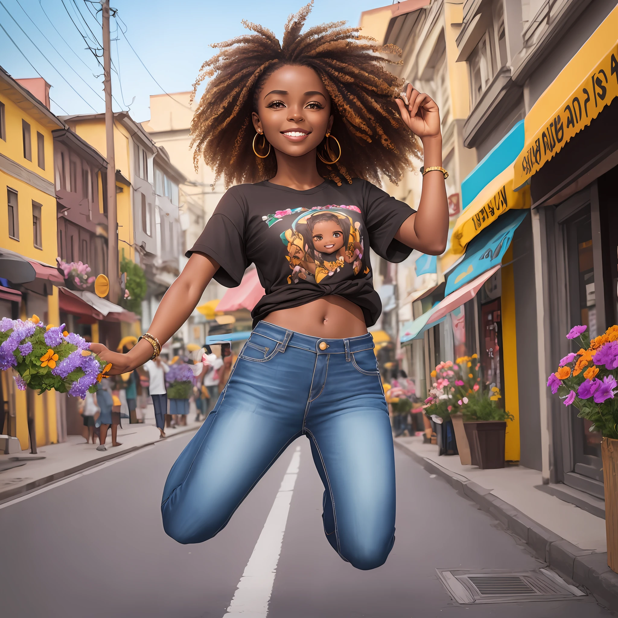 portrait of beautiful 9-month-old African African girl ((dark brown skin color)) on the city street, with happy jumping, ((Playtoon)), cute smile, ((with flowers)), wearing t-shirt (((no printing))), orange and jeans, current fashion shoes, mega long curly hair, ((kanekalon)), (cinematic contour lighting), close-up, product preview, detailed facial details, perfect face, sharpness, trendy art, sharp facial details, cgsociety, very high quality digital art, exquisite hyperdetail, 4k, 3D, 8k, chibi style, soft lighting, dreamy --ISO 100, fashion --air 2:3 --auto --s2