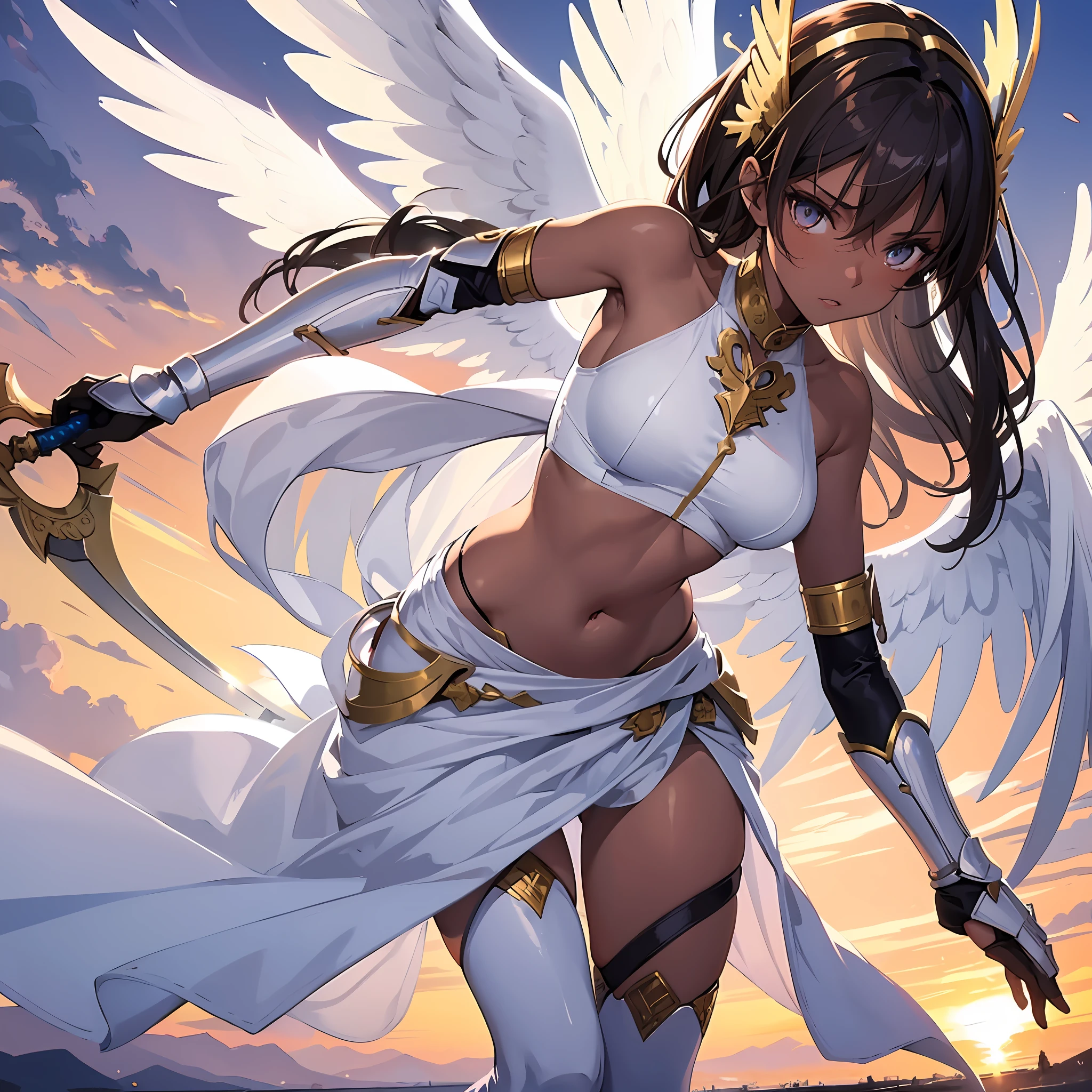 1angel_girl, Teen, brown_hair, medium_hair, (dark_skin)+, bare_shoulder, (bare_navel)0.8, Thigh,silver_shiny_armor, white_clothes,waist_armor, hold_sword_hilt, medium_breasts, angry, shout, dynamic_pose_fighting, floating, (1pair_white_wings), sunset_background,(pelvic_curtain)++, headgear ,slightly_spread_legs,multiple_shiny_swords_floating_around_the_ girl