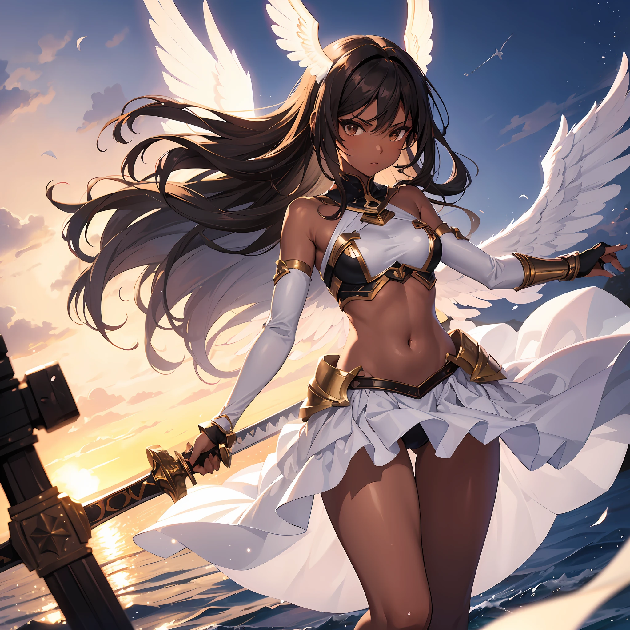 1angel_girl, , brown_hair, medium_hair, (dark_skin)+, bare_shoulder, (bare_navel)0.8, Thigh,silver_shiny_armor, white_clothes,waist_armor, hold_sword_hilt, medium_breasts, angry, shout, dynamic_pose_fighting, floating, (1pair_white_wings), sunset_background,(pelvic_curtain)++, headgear ,slightly_spread_legs,multiple_shiny_swords_floating_around_the_ girl