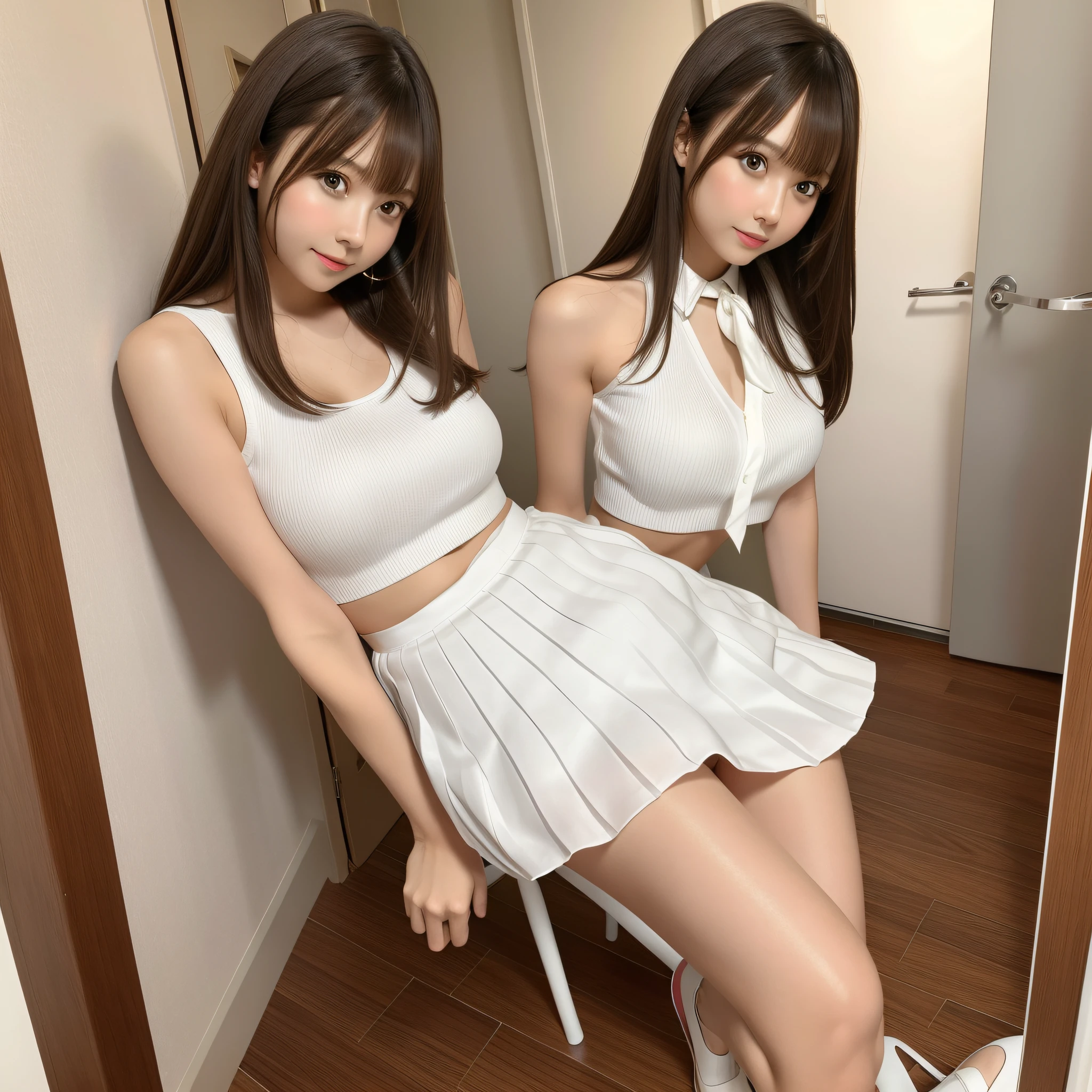 masterpiece, best quality, 1girl, young girl, brown eyes, long light brown hair, (nice leg line: 1.3), thin waist, medium breasts, menstruating, menstrual blood running down the thigh and transparent panties, white pleated skirt dress, tie, high heels, bathroom, depth of field, looking at the viewer, squat, behind, full body, legsupsexms