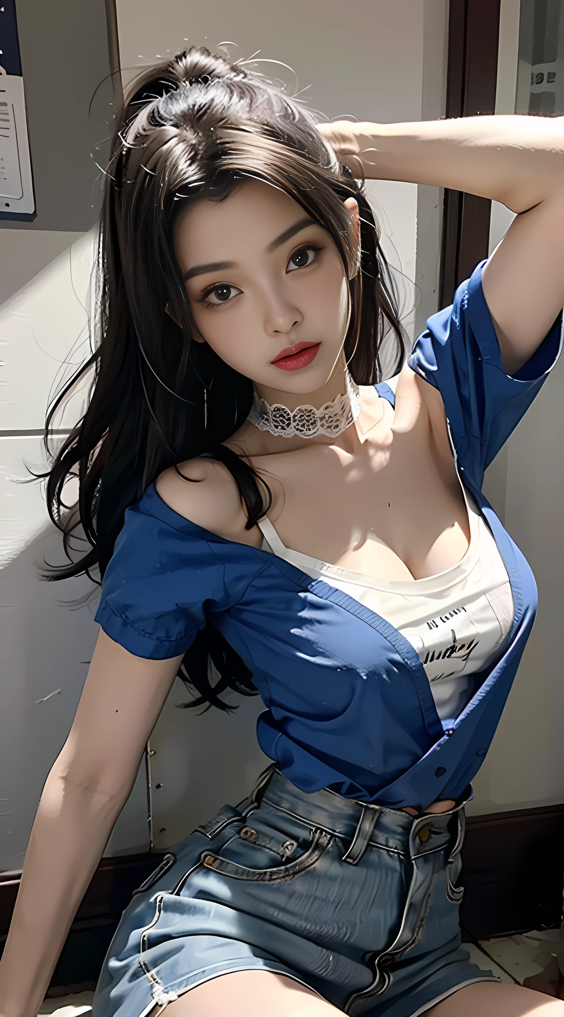 Girl in white bra and tight denim skirt posing for photos, full body, legs open, wearing tight top, with cut T-shirt, slim body, big bust, slim girl model, 24-year-old female model, lying on the construction site, a group of black men watching