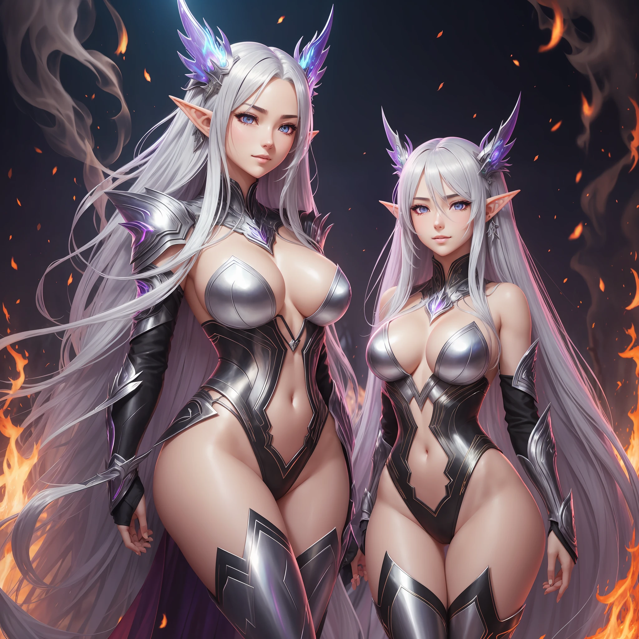 A beautiful female elf dragon hybrid with long flowing silver hair wearing glistening dragon scale outfit, standing in a burning forest of flickering ash and smoke. full body portrait, thick thighs, large breasts, toned body,camel toe, breasts, life like, high definition, high resolution, Artificial intelligence, AI art, dynamic pose, delicate face, vibrant eyes, silver hair, streaked hair, very long hair, expressive hair, multicolored eyes, aqua eyes, purple eyes, light smile, shy, blush, parted lips, licking lips, heavy breathing, naughty face, naughty, sparkle, god rays, super detail, high quality, anatomically correct, textured skin, best quality,full body portrait, guweiz on artstation pixiv, flaming nova,fire in the sky, photo realism, ultra high detail, rich detail, sensual expression, resolution 4098x2160, 8k --auto --s2