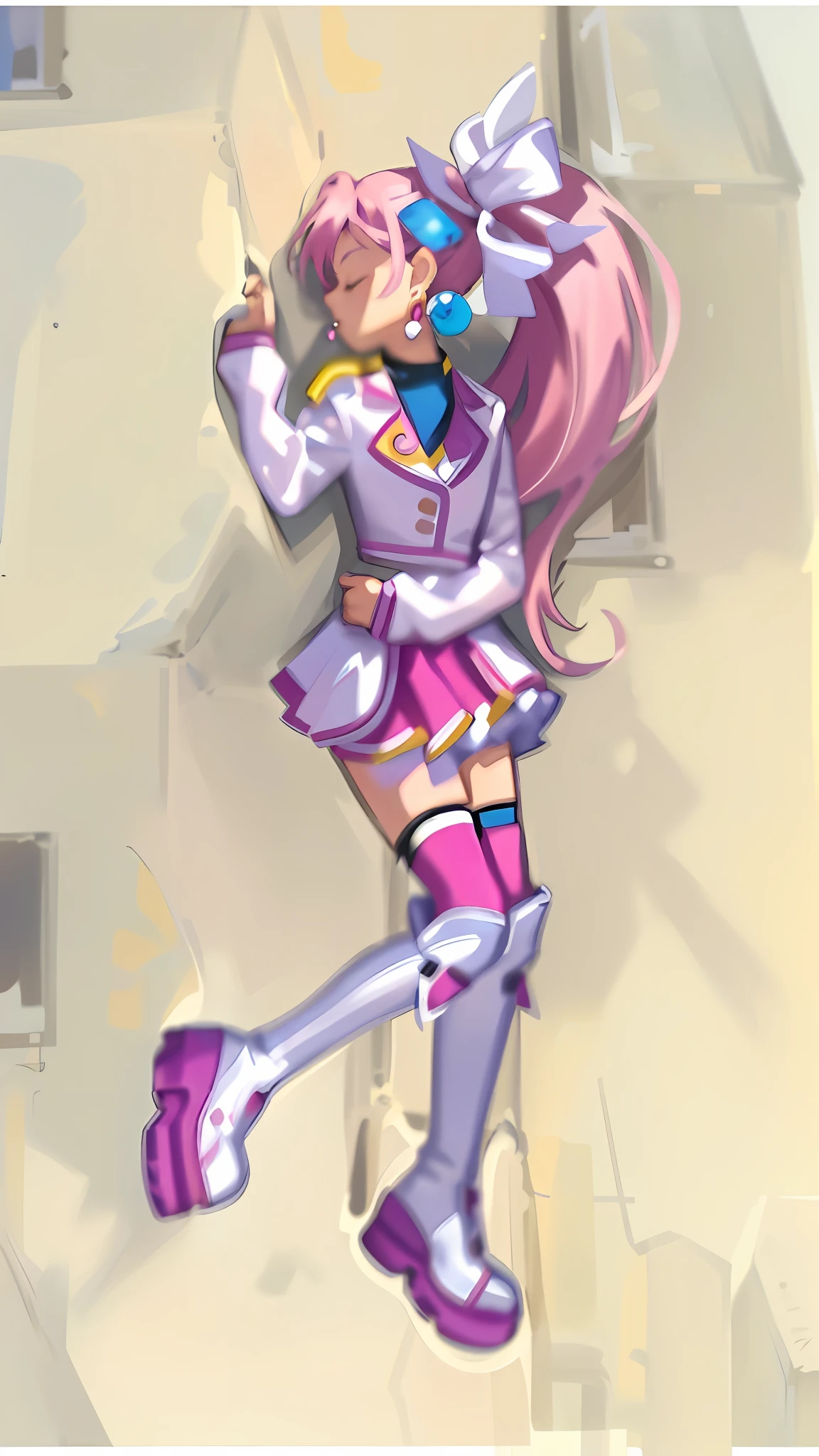 (Masterpiece: 1.5), (Best quality: 1.5), 8k,1 girl, closed eyes, pink hair, single ponytail, white top, pink pleated skirt, pink over-the-knee socks, white long boots, sapphire earrings, simple background