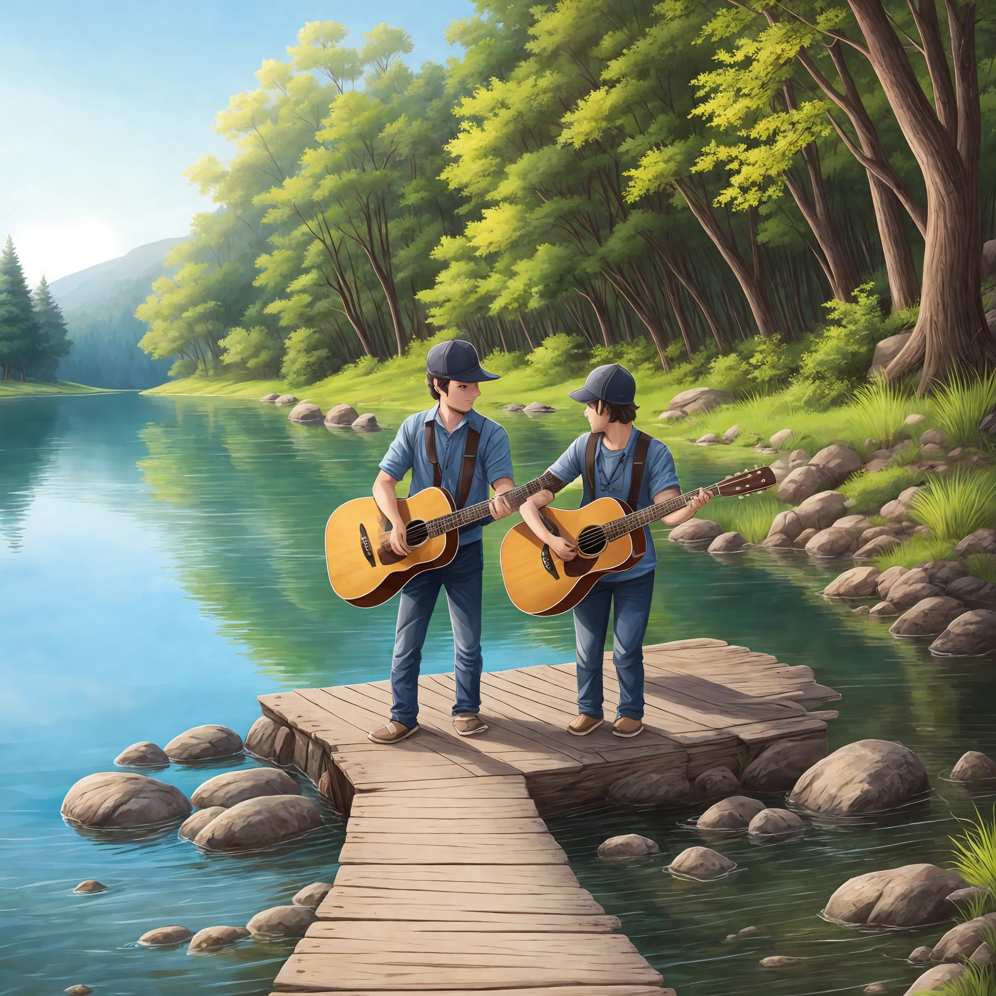 1 two people by the lake. One fishing and the other playing guitar --auto --s2