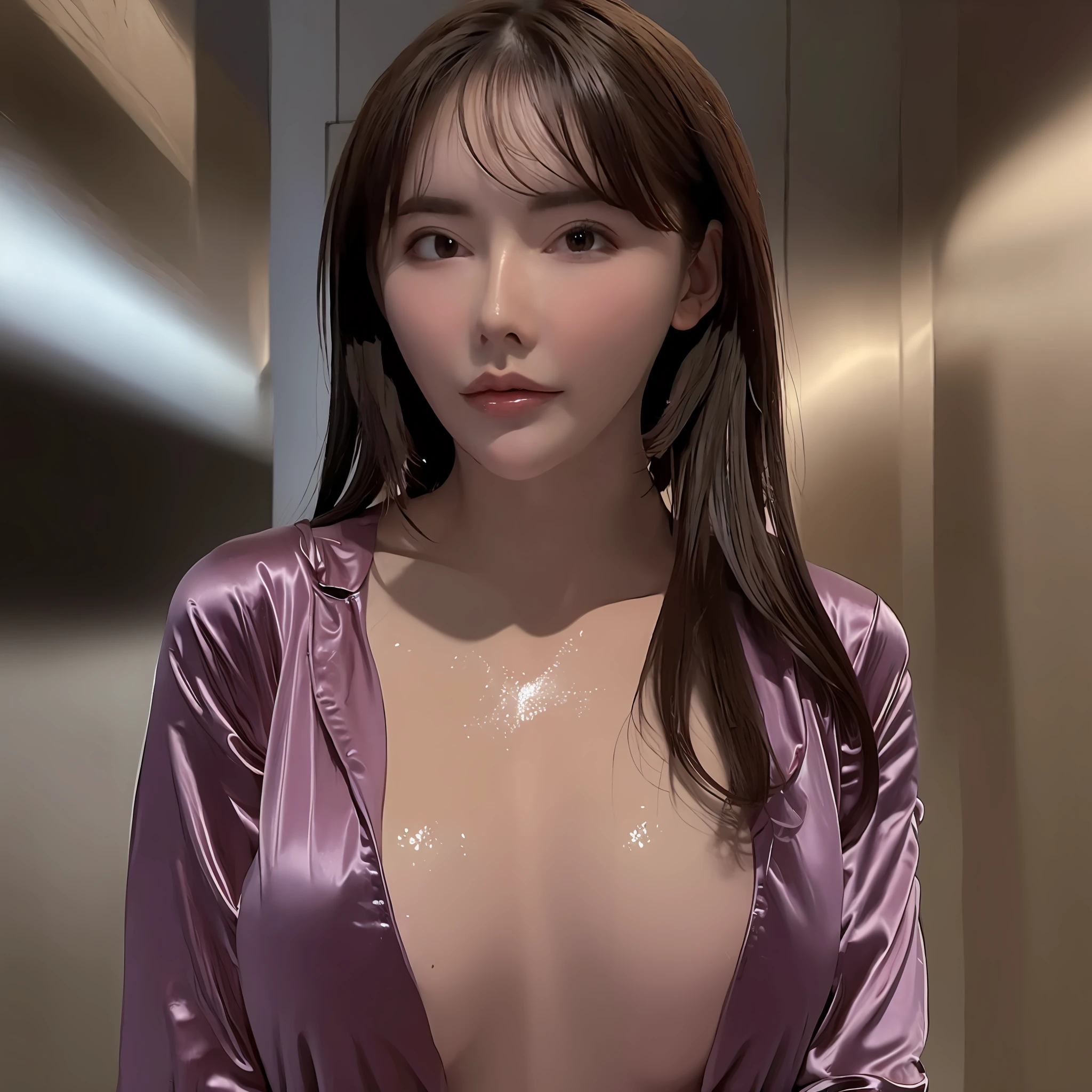 Best quality, best image quality, highest resolution, super detail, satin pajamas, silk pajamas, pajamas material is shiny, soft and smooth to the touch, no underwear is worn, Breasts are C cup, the head of the breast can be seen through the pajamas, the whole body shot so that the face can also enter, the subject is alone, the location is downtown, hands on the chest, sweaty, soaked, soaked, erect beachk,