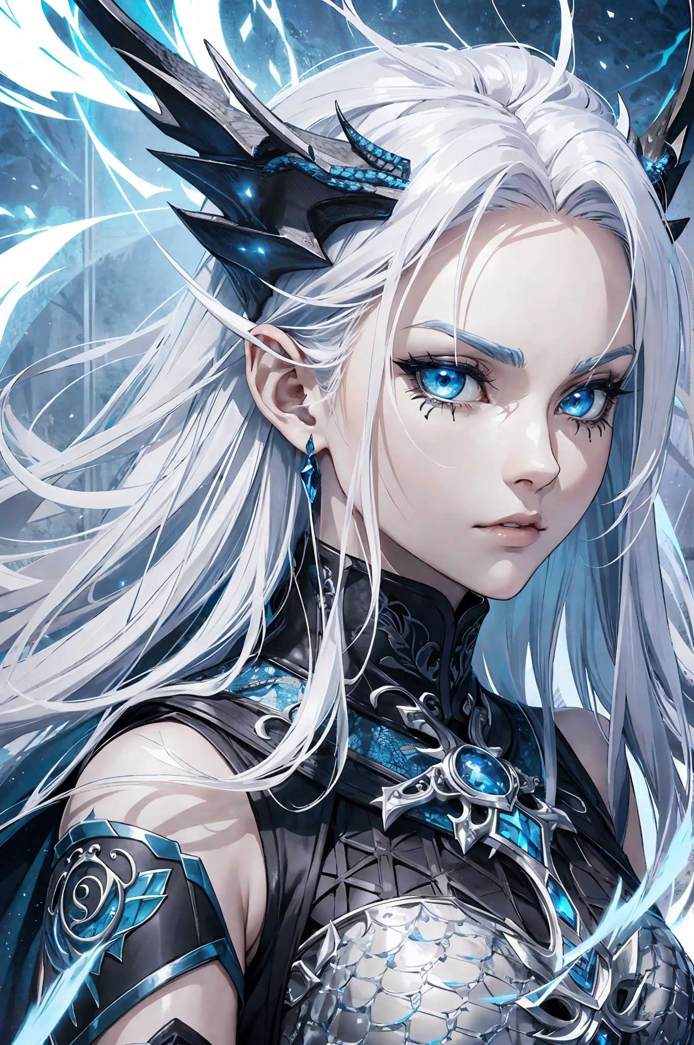 Tall woman with white hair, light blue skin with dragon scales, intricately decorated cloak, black bone texture, dark, noble, evil, curse tattoo on chest, blue scales on thighs, Western Dragon, Lightning Dragon, Blue, Elegant, Amber Eyes, Platinum Hair, Closeup Portrait, Goddess Skull, (White Curly Hair Tornado: 1.2), Rough Brush, HD Anime Wallpaper, 8k Resolution, --auto --s2