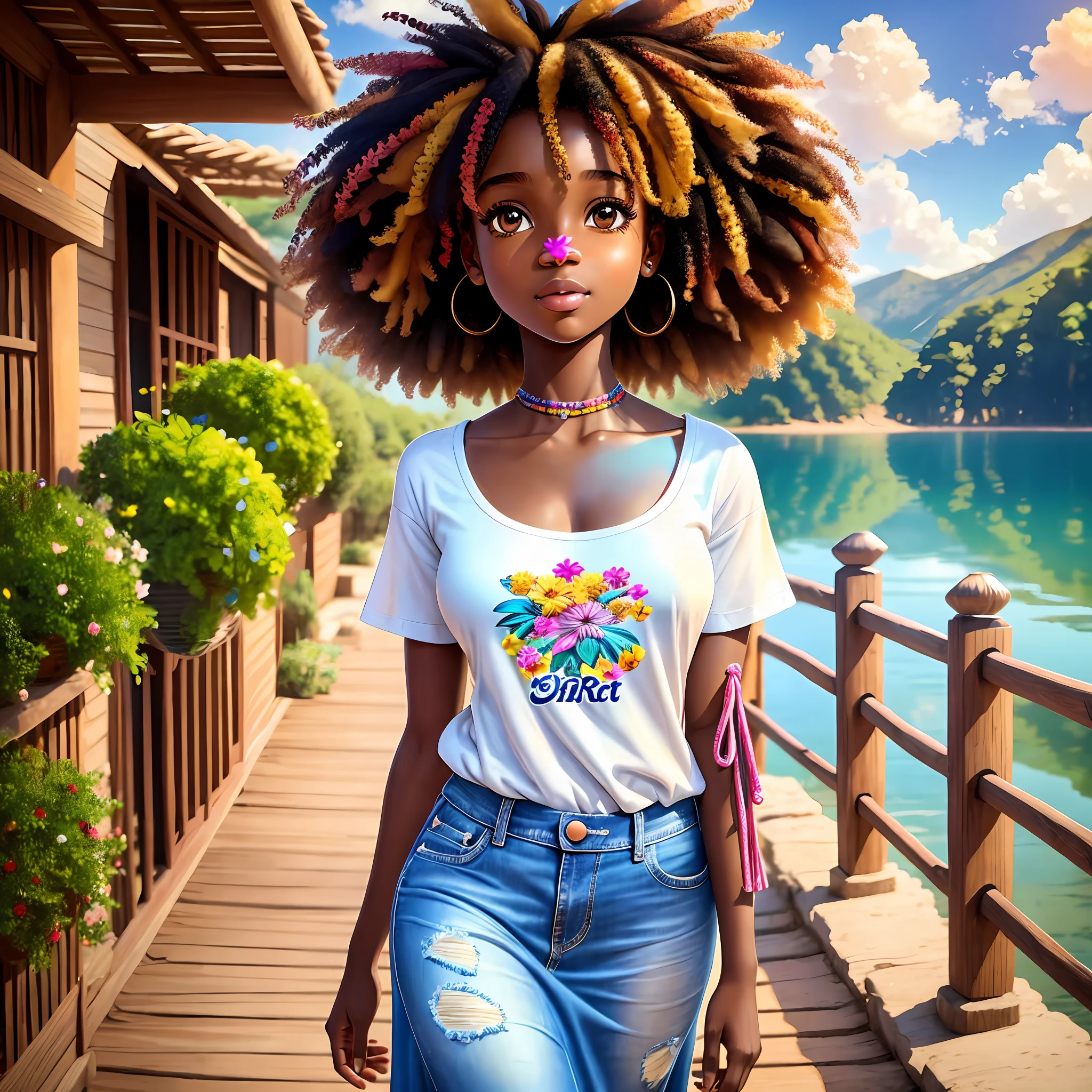 Sticker 1 afro-african girl with a flower in her hair, curly hair, clean photo, messy hair in the wind, dressed in jeans and t-shirt, walking, full body, breathtaking rendering, (tanned skin), colorful long dress, detailed facial features, symmetrical face, leaves in the wind, inside to a lake, soft smile, realistic cartoon, (big sweet eyes), angelic purity, brilliant used artist, like a Pixar character, exceptionally unique beauty, dark skin tone, hi brand --air 2:3
