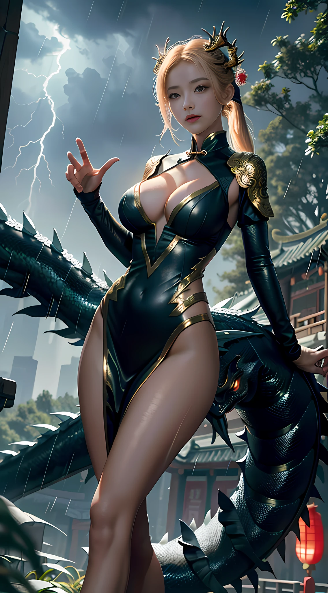 Masterpiece, 8K, super clear, best quality, a pure and beautiful girl making friends with Chinese dragon, funny, happy, bright, dragon, big breasts, in the air, in the rain, there is lightning, sparks, night,
