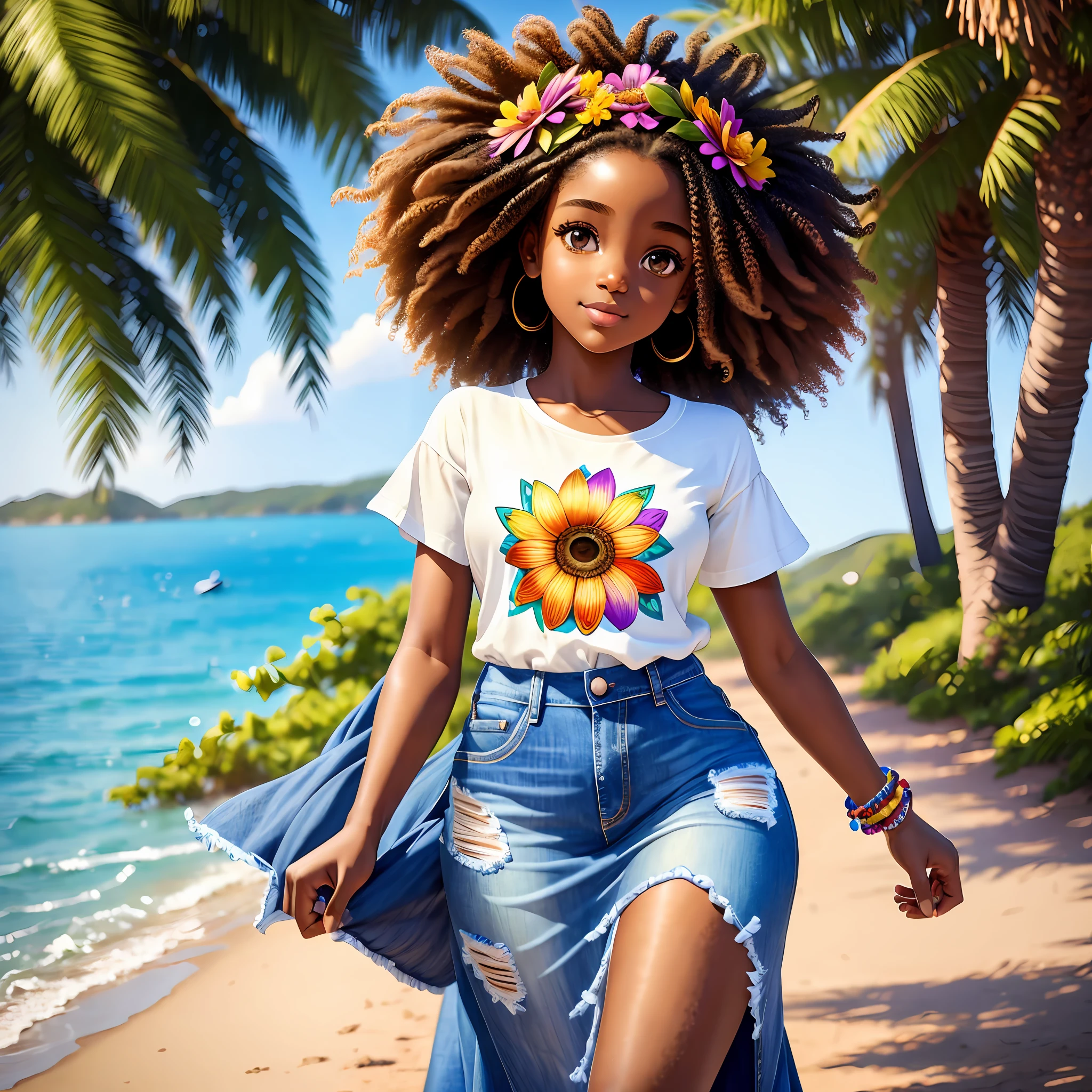 Sticker 1 afro-african girl with a flower in her hair, curly hair, clean photo, messy hair in the wind, dressed in jeans and t-shirt, walking, full body, breathtaking rendering, (tanned skin), colorful long dress, detailed facial features, symmetrical face, leaves in the wind, inside to a lake, soft smile, realistic cartoon, (big sweet eyes), angelic purity, brilliant used artist, like a Pixar character, exceptionally unique beauty, dark skin tone, hi brand --air 2:3