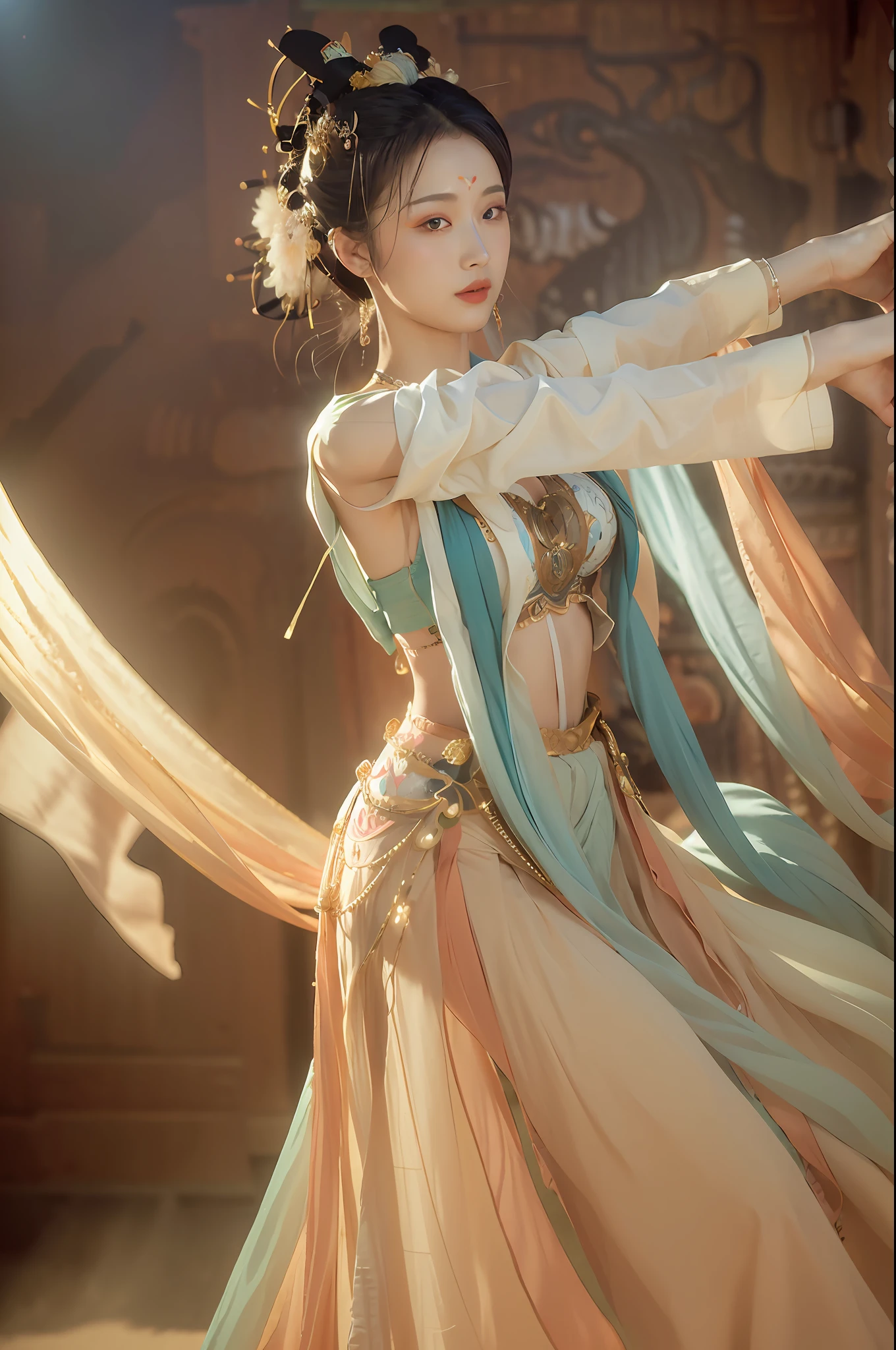 (8k, RAW photo, best quality, masterpiece:1.2), (realistic, photo-realistic:1.4), (extremely detailed CG unity 8k wallpaper), 1 girl solo, dance, dunhuang_dress, dunhuang_style, dunhuang_background,